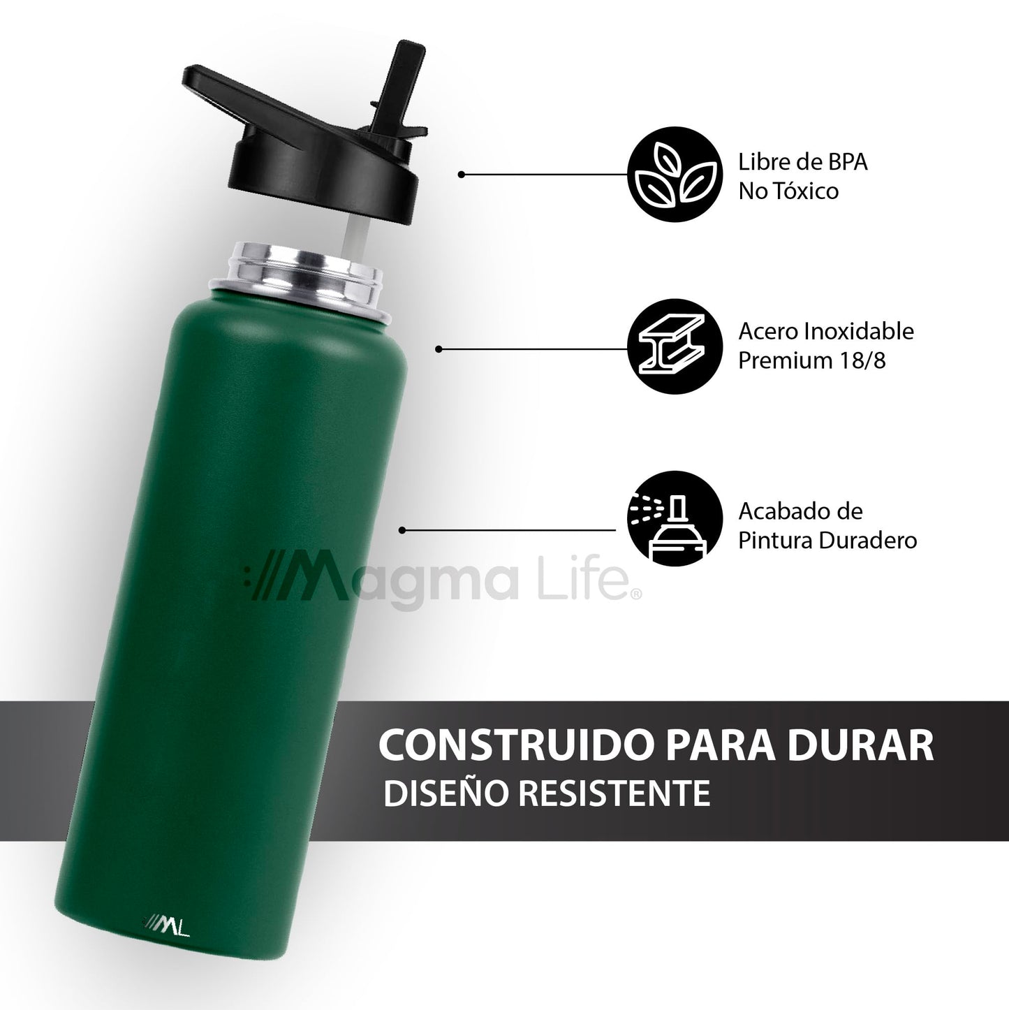 Magma Life Termo para Café y Agua de Acero Inoxidable 40 Oz (1200 ml): Contiene 3 Tapas para Diferentes tipos de Bebidas, Ideal para Mantener la Temperatura Deseada (Olive)