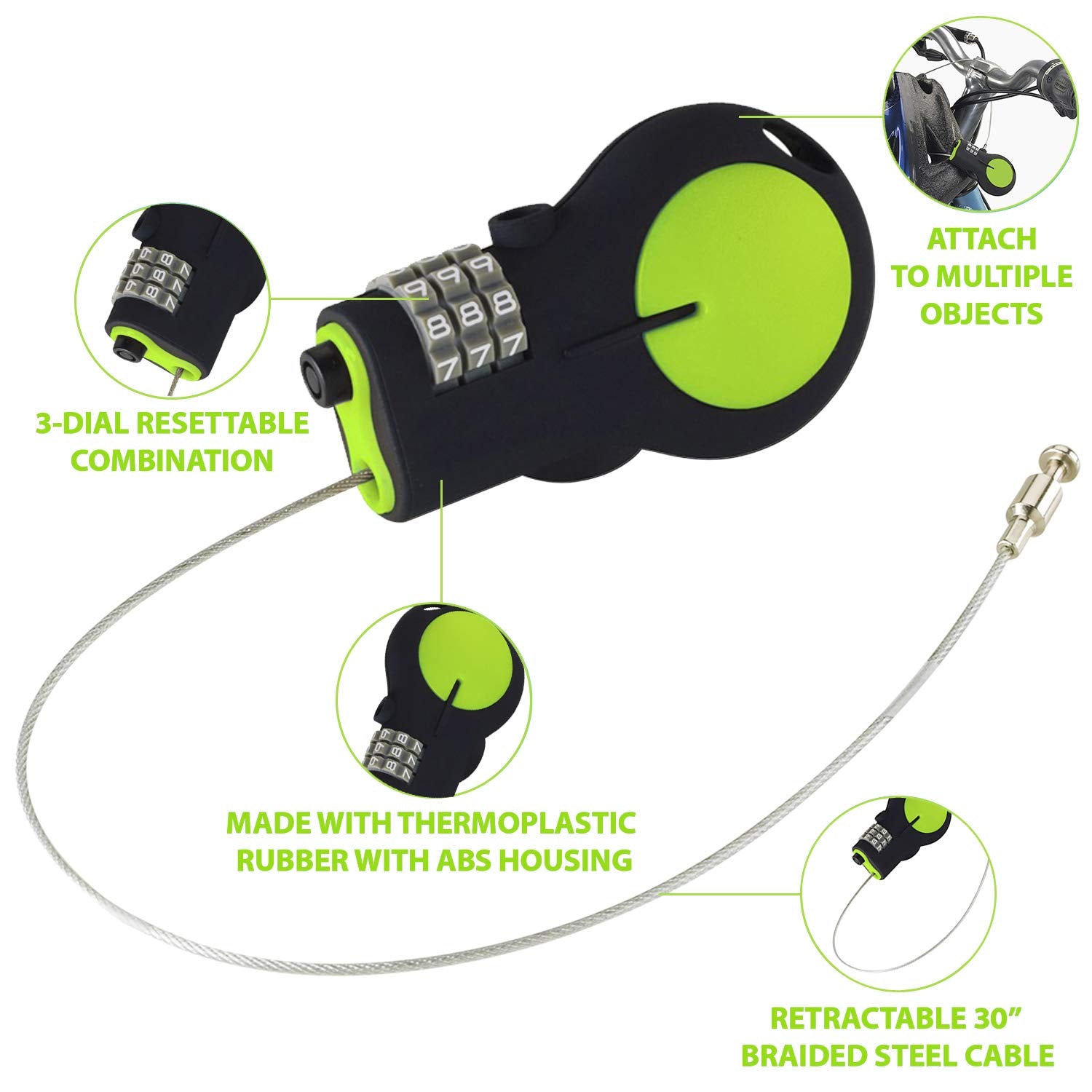 Lewis N. Clark - Candado de cable retráctil con cable de acero de 30 pulgadas, Verde, Candado aprobado por la TSA y candado de bicicleta para equipaje + viajes, configura tu combo con cable de acero