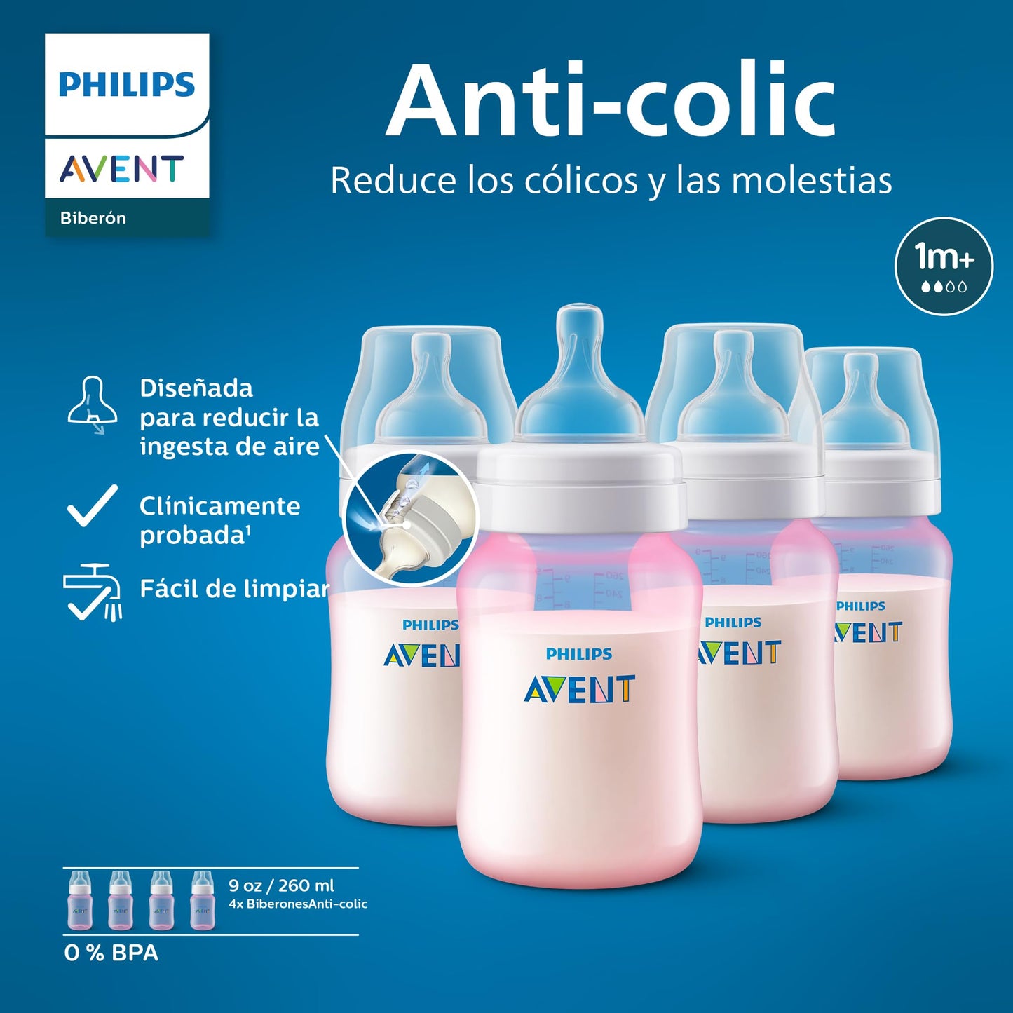 Biberón Anti-colic Philips Avent Rosa con Válvula Anticólicos 260 ml 1 m+ 4 Piezas