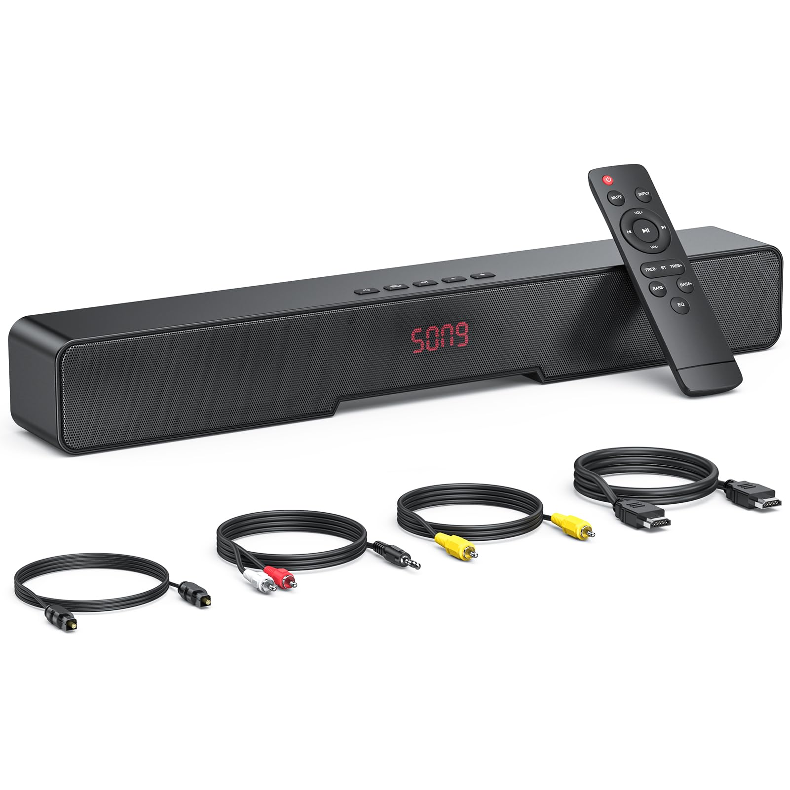 KOOSODIO Barra de sonido pequeña para TV y PC | HDMI/Opt/RCA/coaxial (cable incluido) | Conectividad AUX/USB y Bluetooth 5.0 | Altavoz compacto para TV/PC/Laptop/Tablets/Proyector | 4 modos EQ - Negro