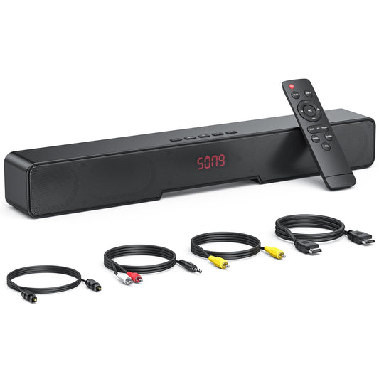 KOOSODIO Barra de sonido pequeña para TV y PC | HDMI/Opt/RCA/coaxial (cable incluido) | Conectividad AUX/USB y Bluetooth 5.0 | Altavoz compacto para TV/PC/Laptop/Tablets/Proyector | 4 modos EQ - Negro
