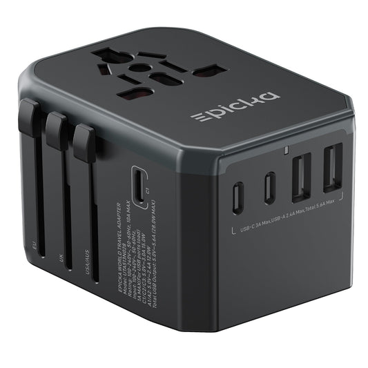 Adaptador de Corriente Universal EPICKA Gris con Alimentación Inteligente de 5.6 A y 3.0 A Tipo C para Viaje