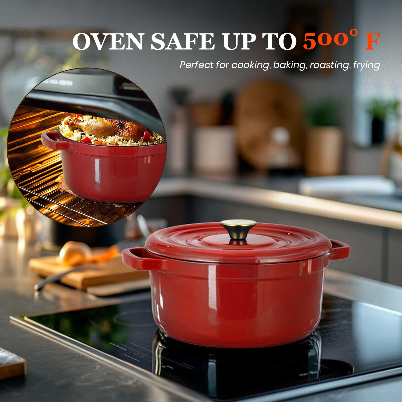Overmont Cacerola de hierro fundido esmaltado, 26 cm, apta para horno, con tapa y libro de cocina, para asar, cocina, hornear, estofar, color rojo