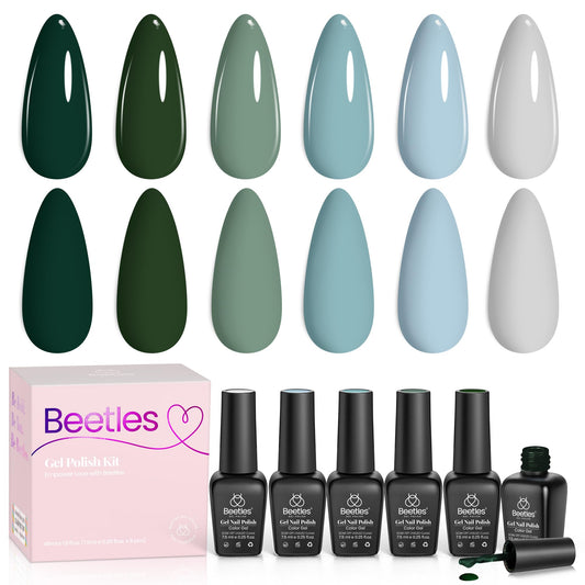 Beetles Blue Green Gel Nail Polish Set - 6 Colors Misty Gray Dark Green Gel Polish Kit Baby Blue Nail Gel Polish Soak Off UV LED Gel Nail Kit Vanish Manicure DIY Home Chrismas Gifts Box