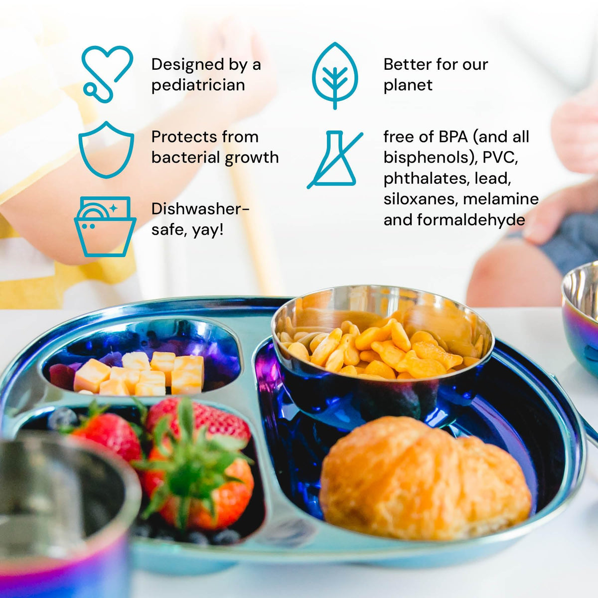 Ahimsa Stainless Steel Balanced Bites Plate | 1 x Divided Plate | Toddler Dishware | No Plastic | 100% BPA Free | Dishwasher Safe (Iridescent Blue)#