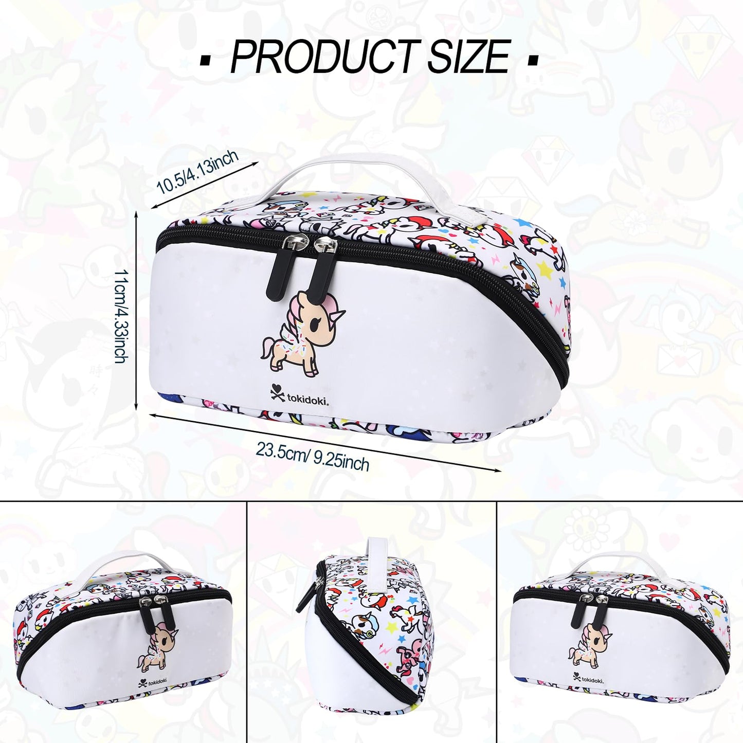 Tokidoki Unicorno Bolsa de maquillaje de viaje, bolsa de aseo plana abierta de gran capacidad, bolsa de cosméticos con asa y divisor, bolsa de maquillaje portátil de dibujos animados, Blanco