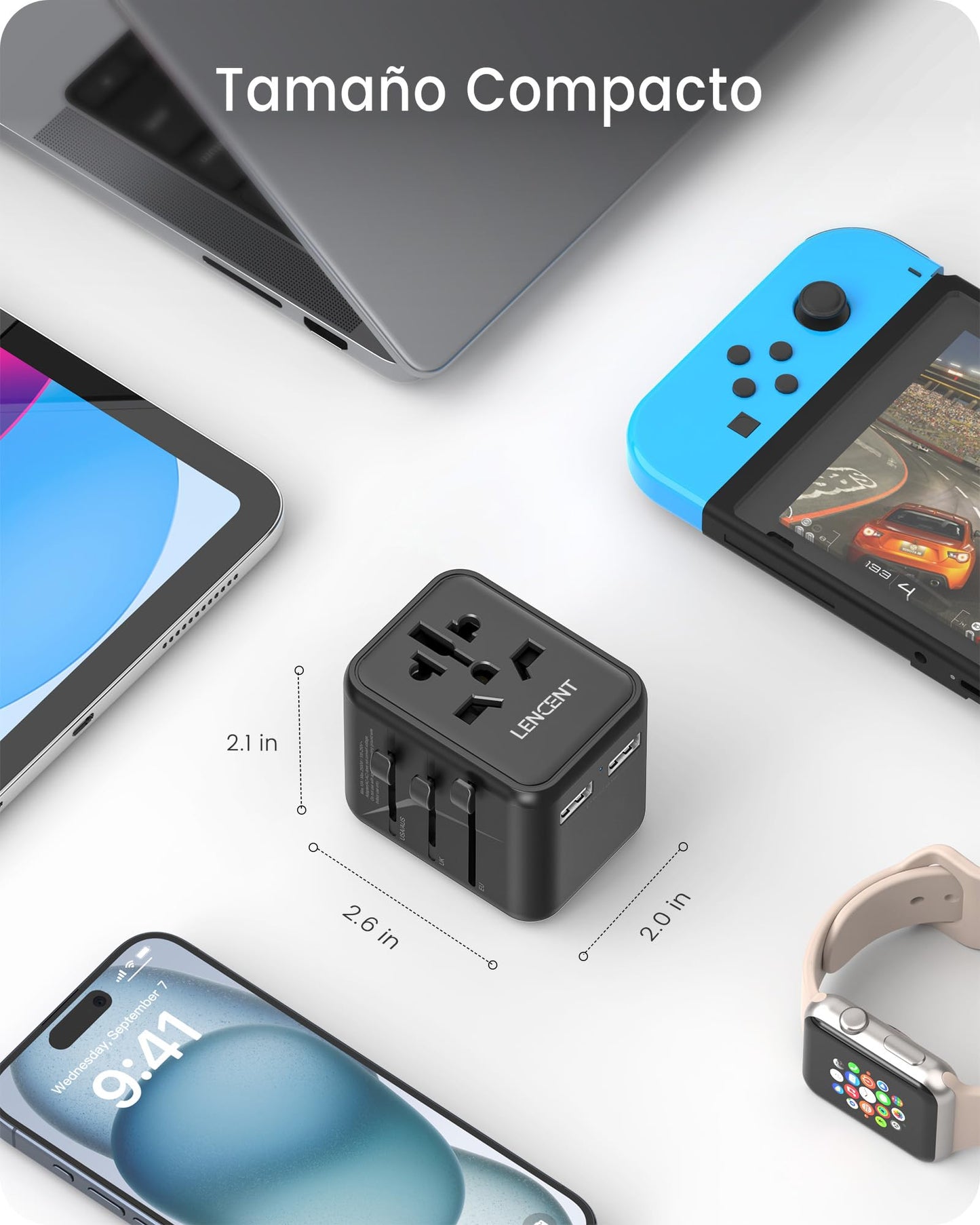 LENCENT Adaptador Enchufe Universal, Enchufe Internacional con 2 Puertos USB, Cargador de Viaje para Europa, Americano, Canadá, Reino Unido, Australia, Adaptador Viaje para Más de 200 Países, Negro