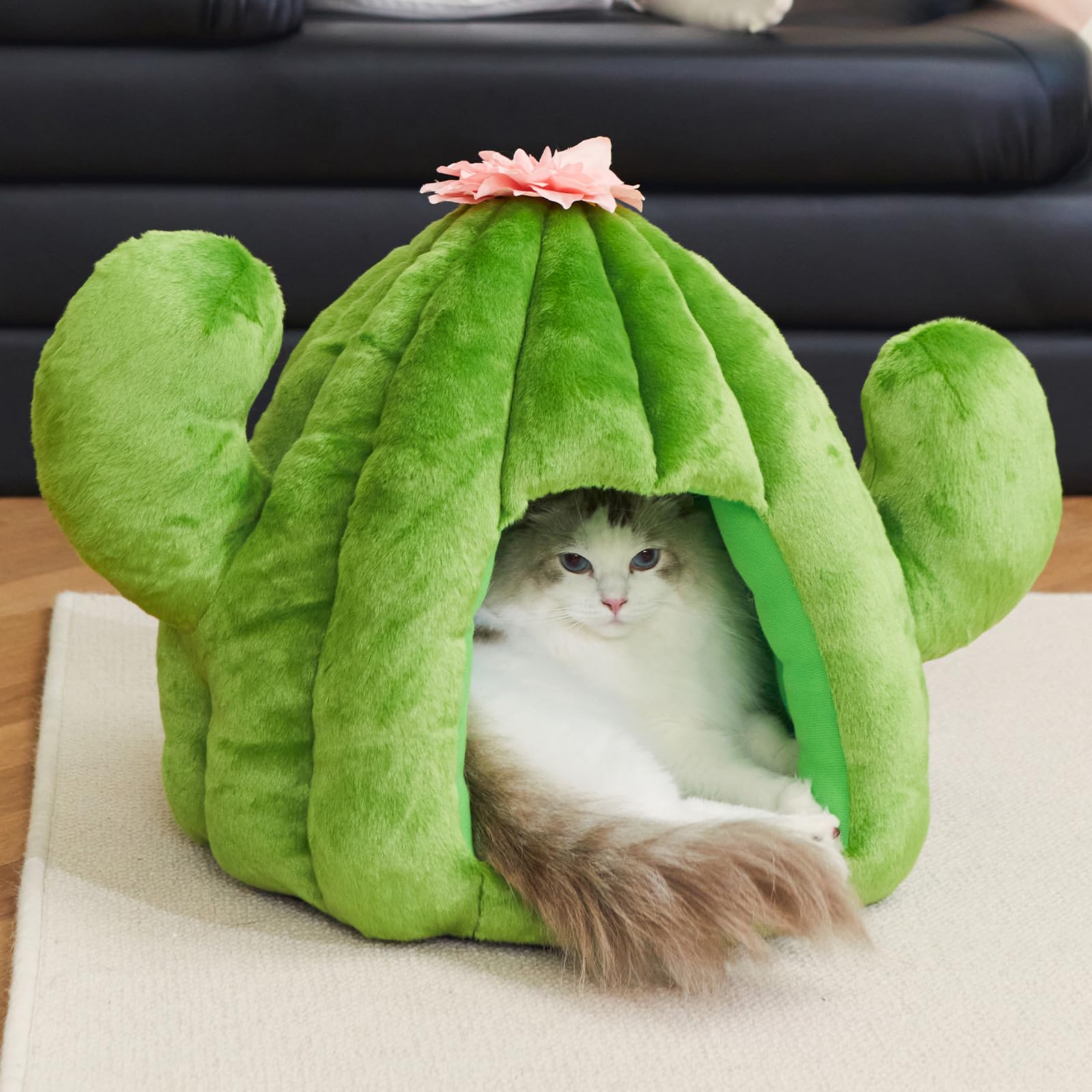 VETRESKA Bonita cama de cactus para gatos y perros, casa de cueva para gatos, cómoda cama para mascotas con cojín de rodar lavable a máquina para gatos, perros, cachorros, gatitos, conejos, cactus verde