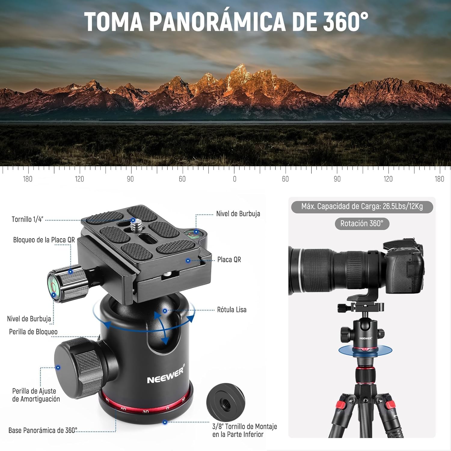 Trípode Monopie Neewer Negro Ligero con Rótula Giratoria 360° y Nivel de Burbuja 168cm para Cámara