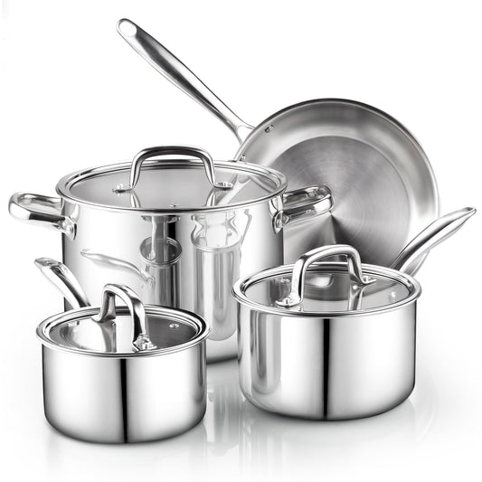 Cook N Home Juego de utensilios de cocina de acero inoxidable con revestimiento de tres capas, juego de cocina con tapas de vidrio templado, listo para inducción, apto para lavaplatos, plateado