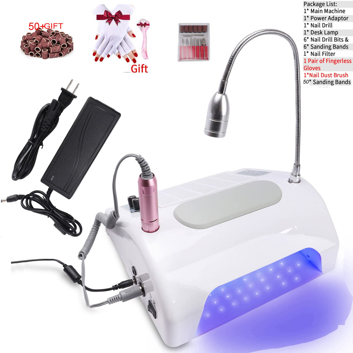 Máquina de Arte de Uñas Multifuncional Eléctrica con Taladro, Colector de Polvo, Lámpara de Secado UV de 48 W/96 W y Lámpara de Escritorio LED