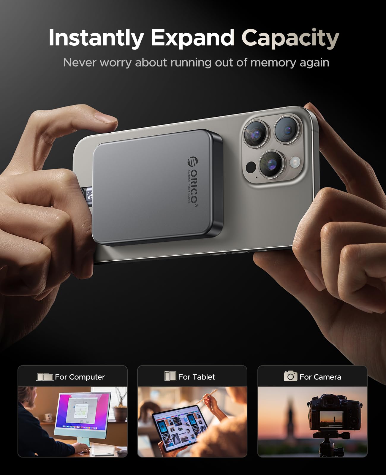 Unidad Externa SSD ORICO 512 GB Aluminio Resistente con Carga PD100W y 1000MB/s USB 3.2 para iPhone y Portátiles