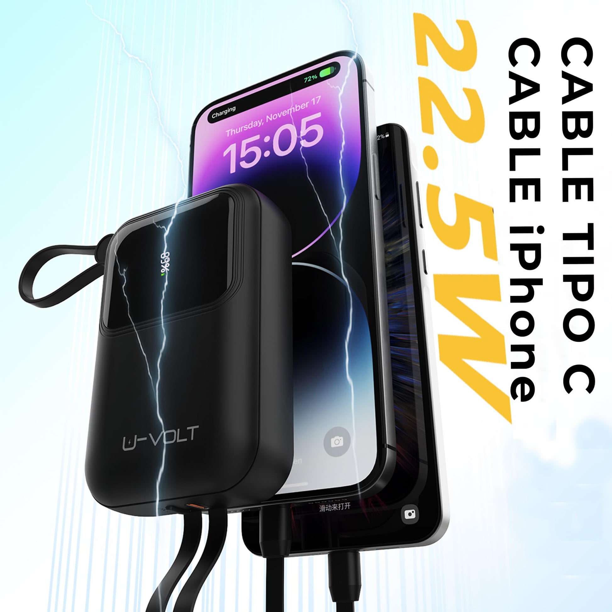 CELULARTE Power Bank U-Volt 10,000 mAh con Cables Integrados, Carga Rápida 22.5W, Batería Portátil con Pantalla Digital para iPhone, Samsung, Xiaomi, iPad y Más (Negro)