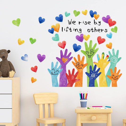 Mfault - Calcomanías de pared inspiradoras de We Rise by Lifting Others - Diversidad Igualdad Coloridas manos Corazones, Decoración de cuarto de bebé, niño, niña, recámara, aula, decoración neutra de la habitación de los niños pequeños