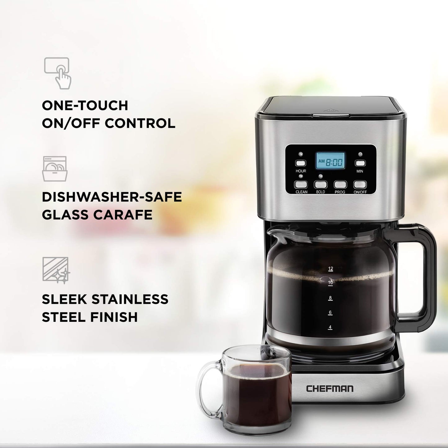 Chefman, Cafetera de Goteo Programable de 12 Tazas, Filtro Reutilizable, Acero Inoxidable