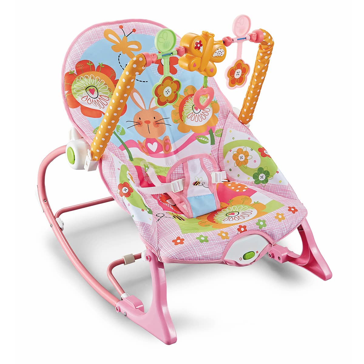 Silla Mecedora Musical Raganet Rosa con Barra de Juguetes Desmontable para Bebés y Niños