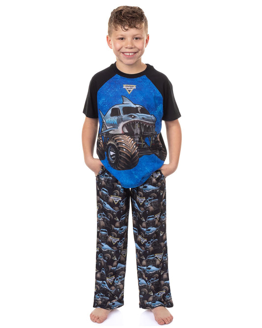 INTIMO Pijama Monster Jam para niño, conjunto de manga corta raglán y pantalón Megalodón (talla 14/16), color negro.