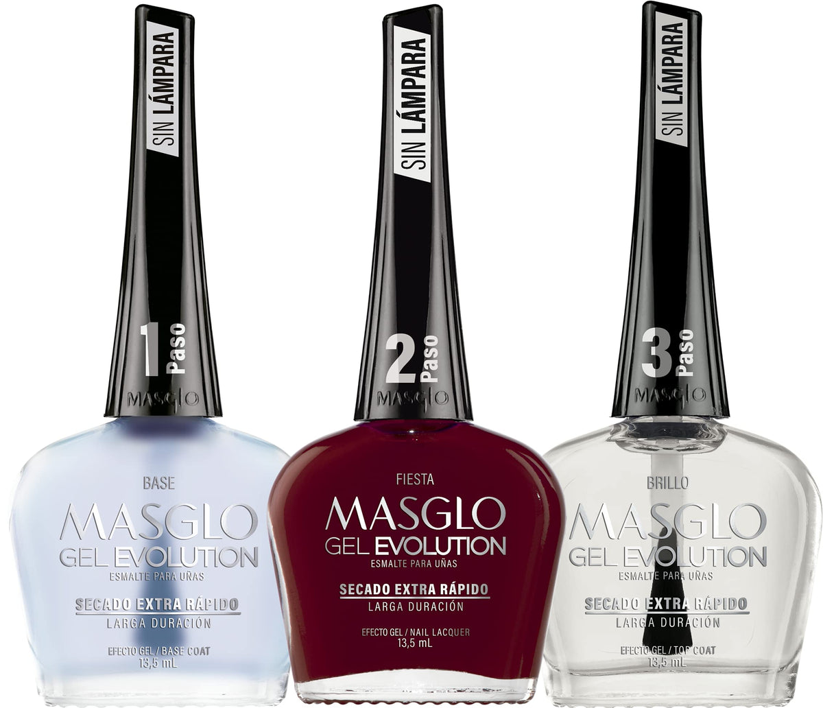 MASGLO- GEL EVOLUTION Esmalte de Uñas Efecto Gel, Sin Lámpara UV/Led, Duración Hasta 12 días, 3 uds - Kit Base, Esma
