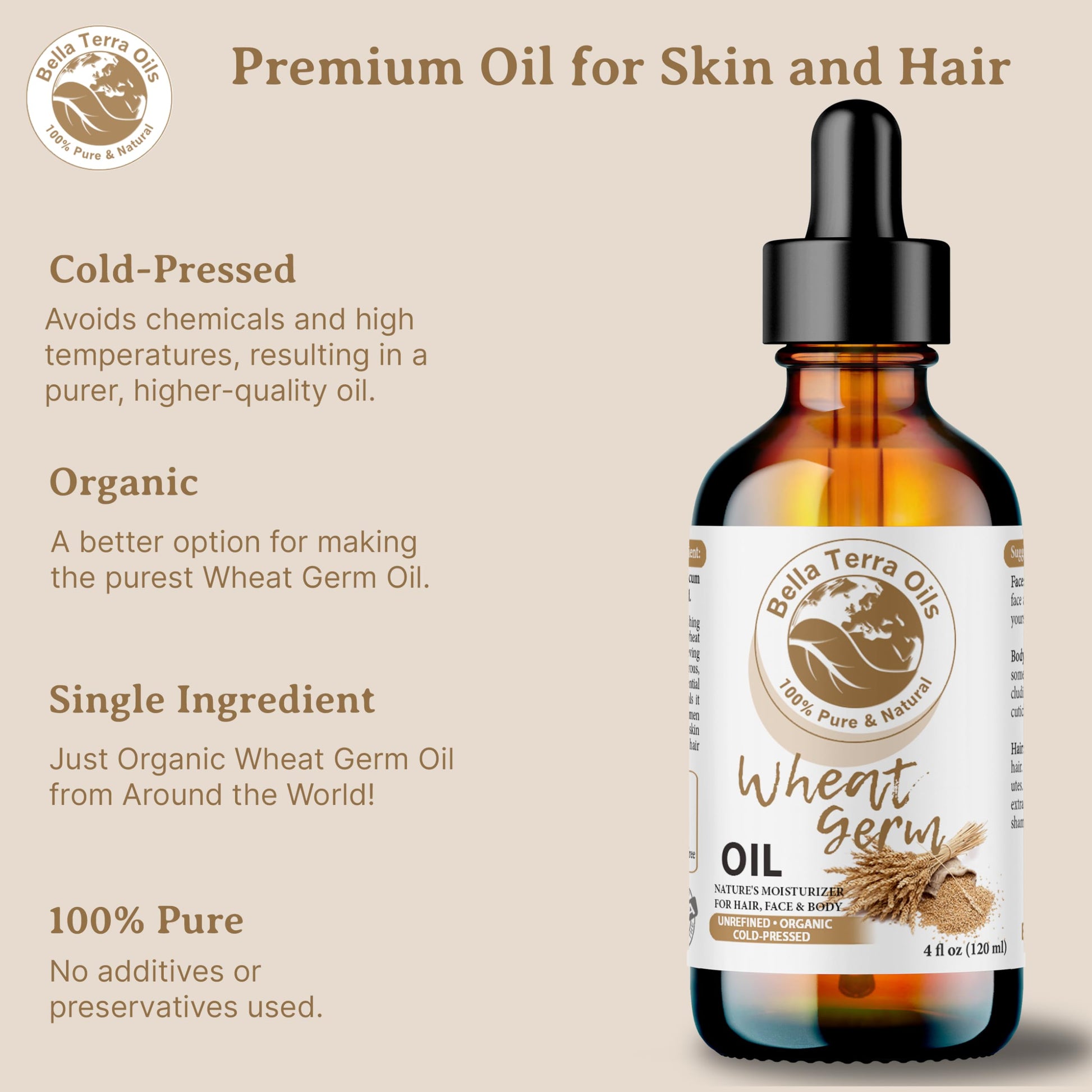 Bella Terra Oils Wheat Germ Carrier Oil. 4oz. 100% Pure. Cold-pressed. Unrefined. Rich in Vitamin E. Non-comedogenic. Soothes Dry Skin. Natural Moisturizer for Skin Hair Nails Stretch Marks