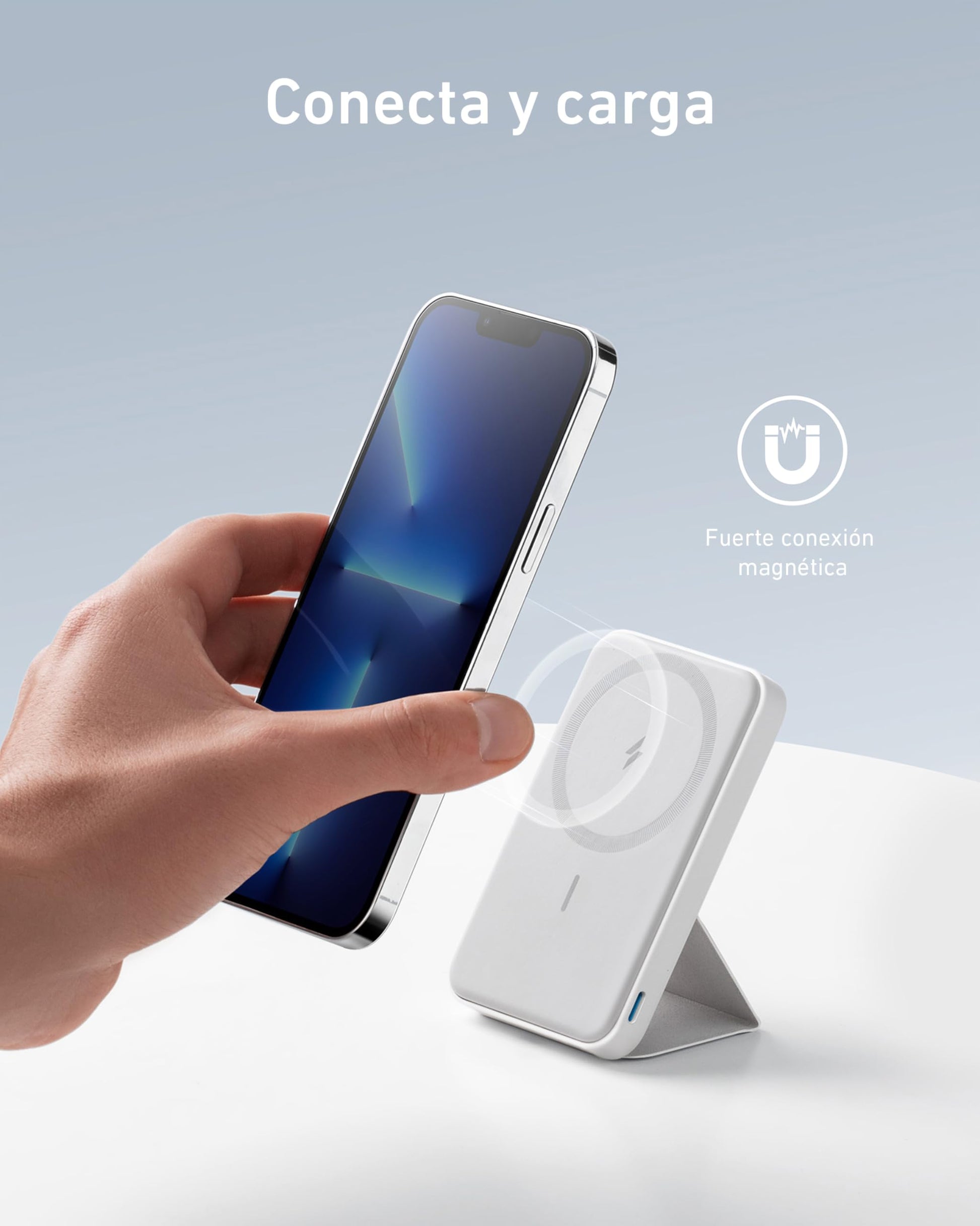 Batería Magnética Anker Blanca con Soporte y Cargador Inalámbrico para iPhone 15/14/13