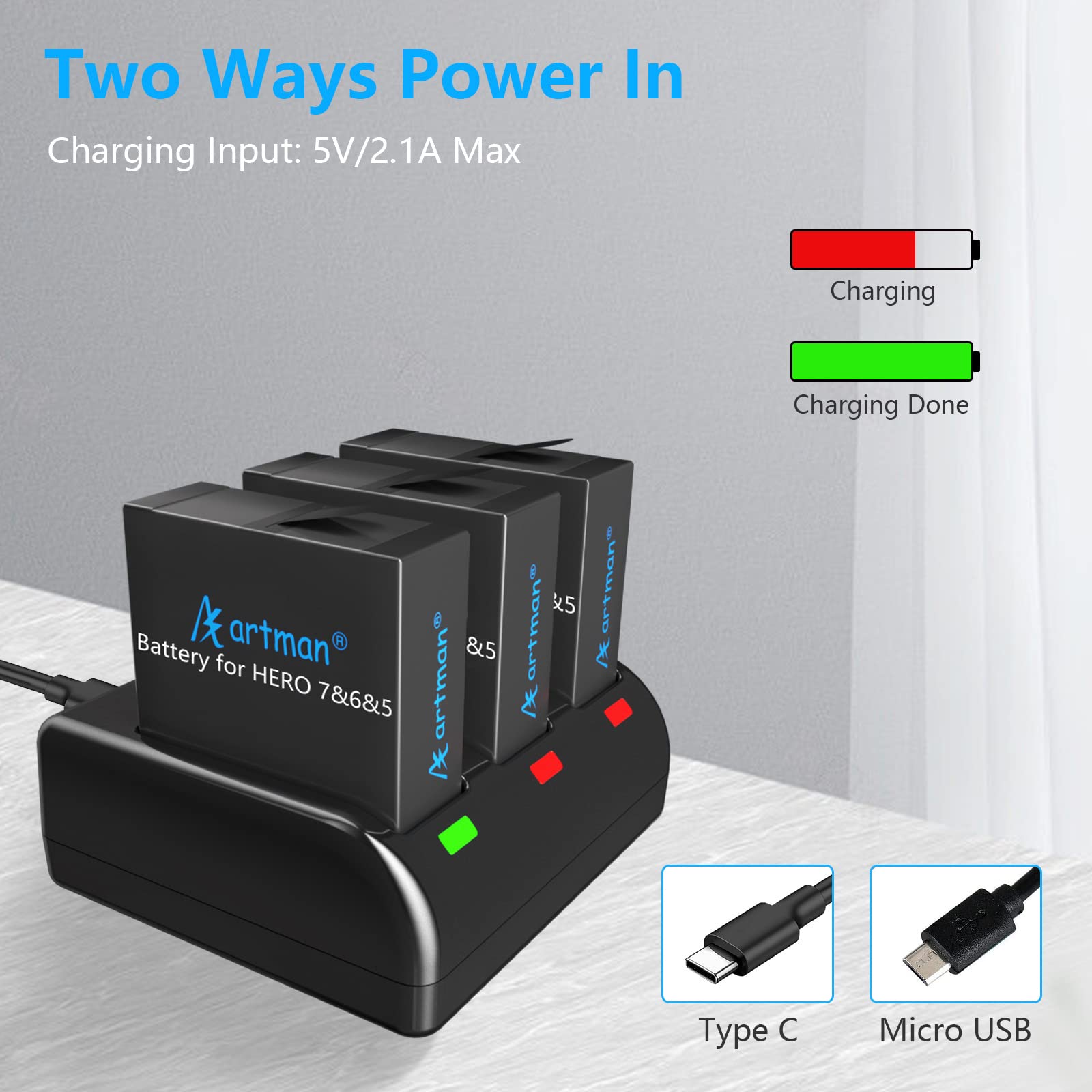 Artman Baterías de repuesto GoPro Hero 5/6/7 1480mAh (Pack de 3) y cargador USB LED de 3 canales para GoPro Hero 5 Black, AHDBT-501, Hero(2018),Hero 6,Hero 7 Black(compatible con la original)