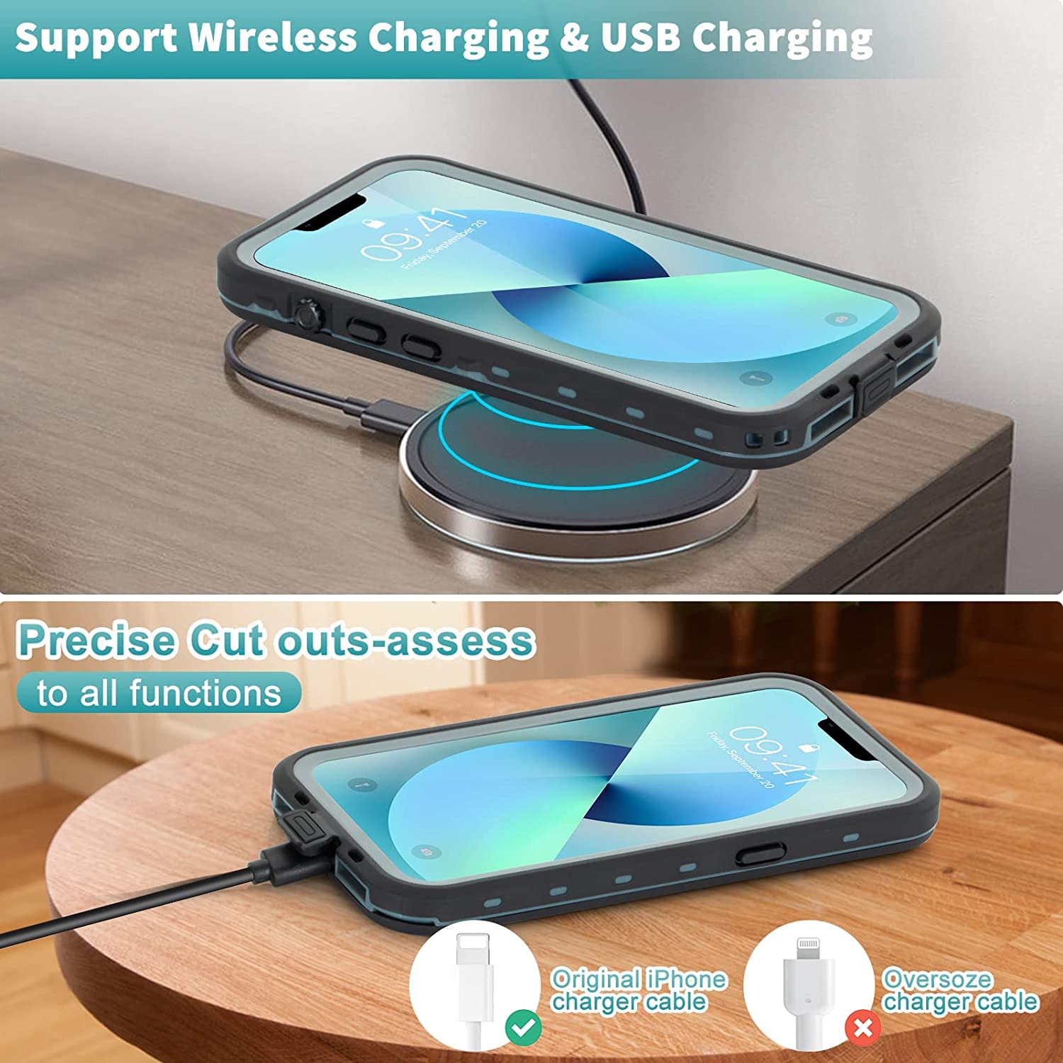 Hertekdo Funda para iPhone 13, Funda Impermeable IP68 para iPhone 13, iPhone 13 Funda con Kickstand, Carcasa Protección Resistente Impactos TPU+PC Case, Adecuado para Buceo, Natación, Senderismo