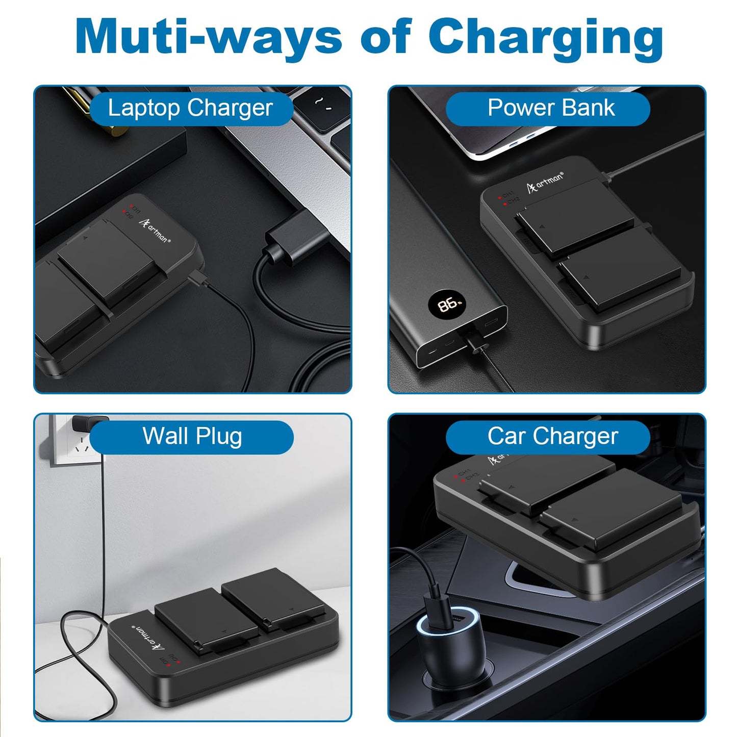Artman LP-E10 Batería y Cargador USB Dual para Canon EOS Rebel T7 T6 T5 T3 T100, Kiss X50 Kiss X70 EOS 1100D/1200D/1300D/2000D Cámaras Digitales (2-Pack 1600mAh)