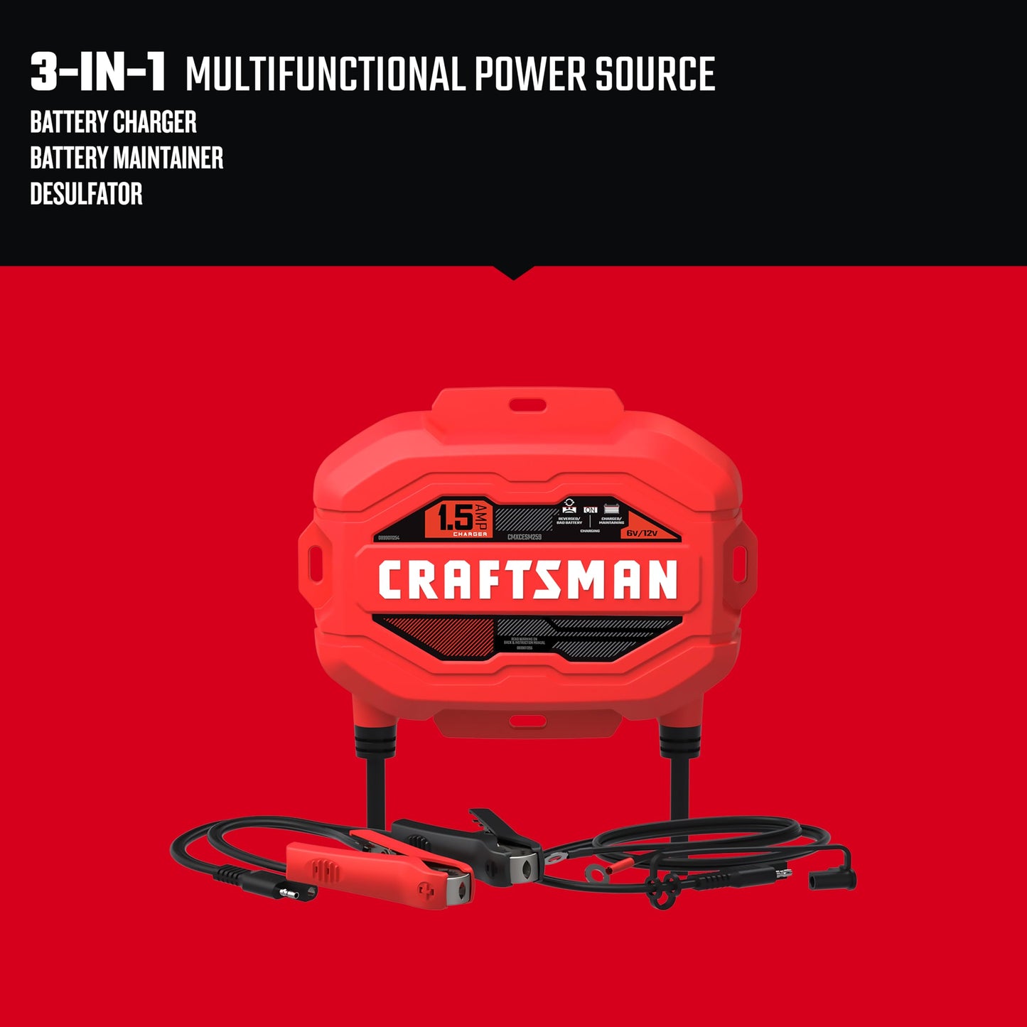 CRAFTSMAN Cargador y mantenedor de batería, CMXCESM259, 3 en 1, Totalmente automático, 1.5 amperios, 6 voltios, 12 voltios, para automóviles, SUV, Camiones y baterías Marinas