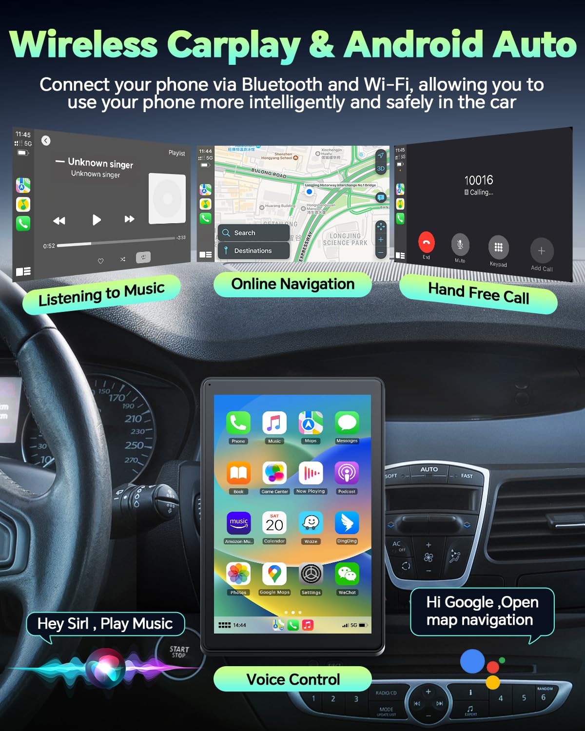 LAMTTO - visualización inalámbrica para Carplay para Coche, Android, Soporte magnético, OTA, visualización de Retrato y Paisaje, navegación GPS, receptores de Audio portátiles para Coche, Enlace