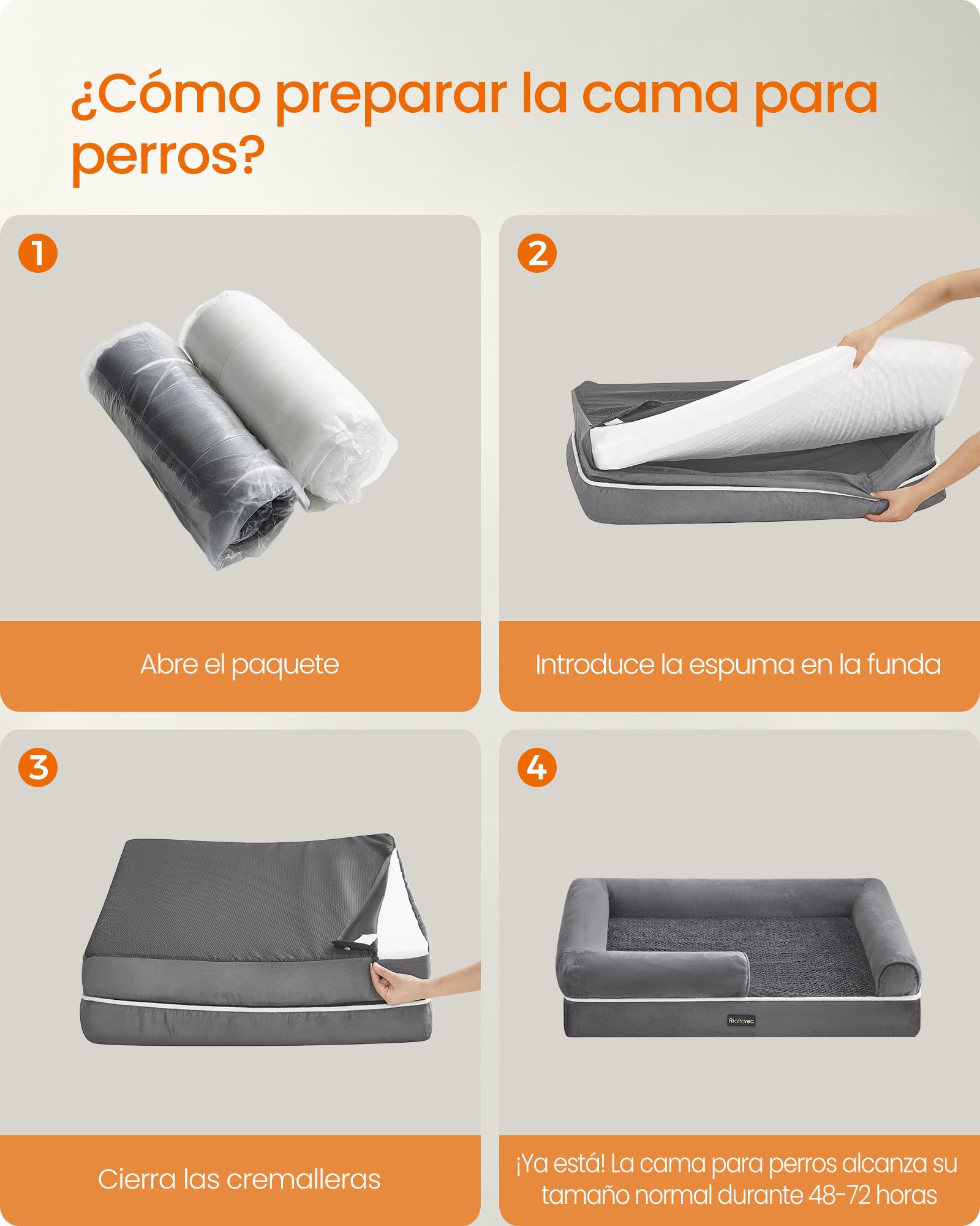 Cama Ortopédica para Perros Feandrea Gris Claro Funda Extraíble y Lavable