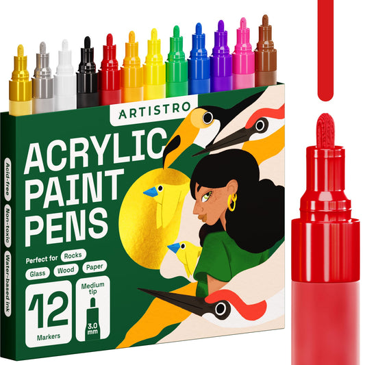 ARTISTRO - 12 marcadores de pintura acrílica, punta media, fácil para todas las edades y niveles, bolígrafos de pintura acrílica para tela, rocas, papel, madera, lona, vidrio, bricolaje