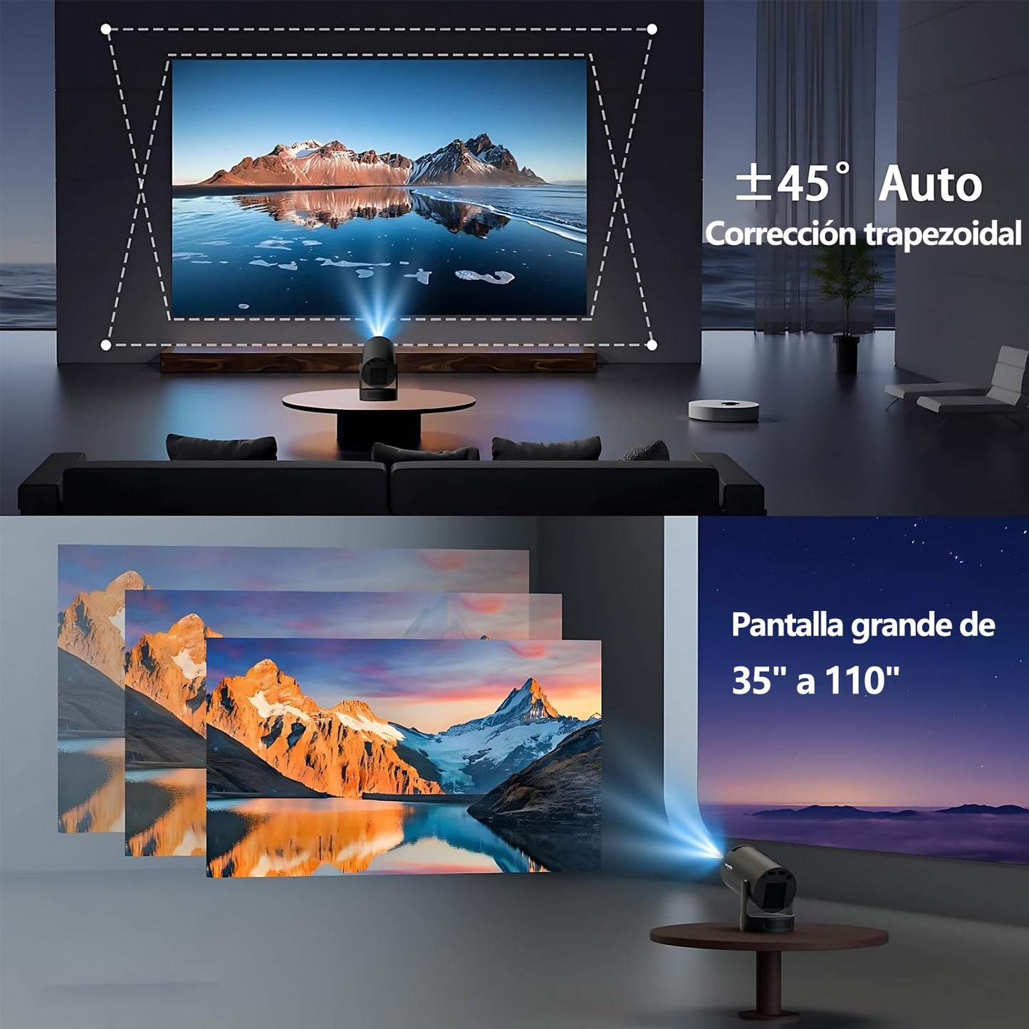 2025 Mini Proyector Portátil 4K/1080P,Proyector con 8000 Aplicaciones, Android 12 Soporte Multilenguaje Sistema,Pantalla de 130 Pulgadas,WiFi 6 Bluetooth 5.3, Giro de 180 Grados (2025 HY 300 Pro)