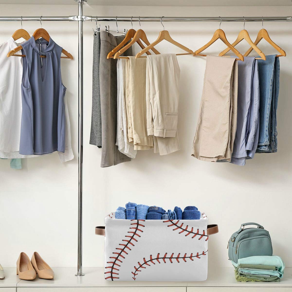 Cesta de almacenamiento con puntadas de béisbol, bolsa de almacenamiento de bolas, de softball, grande, caja de almacenamiento de juguetes, con asas, plegable, estante de armario, cesta organizadora de tela para guardería y dormitorio