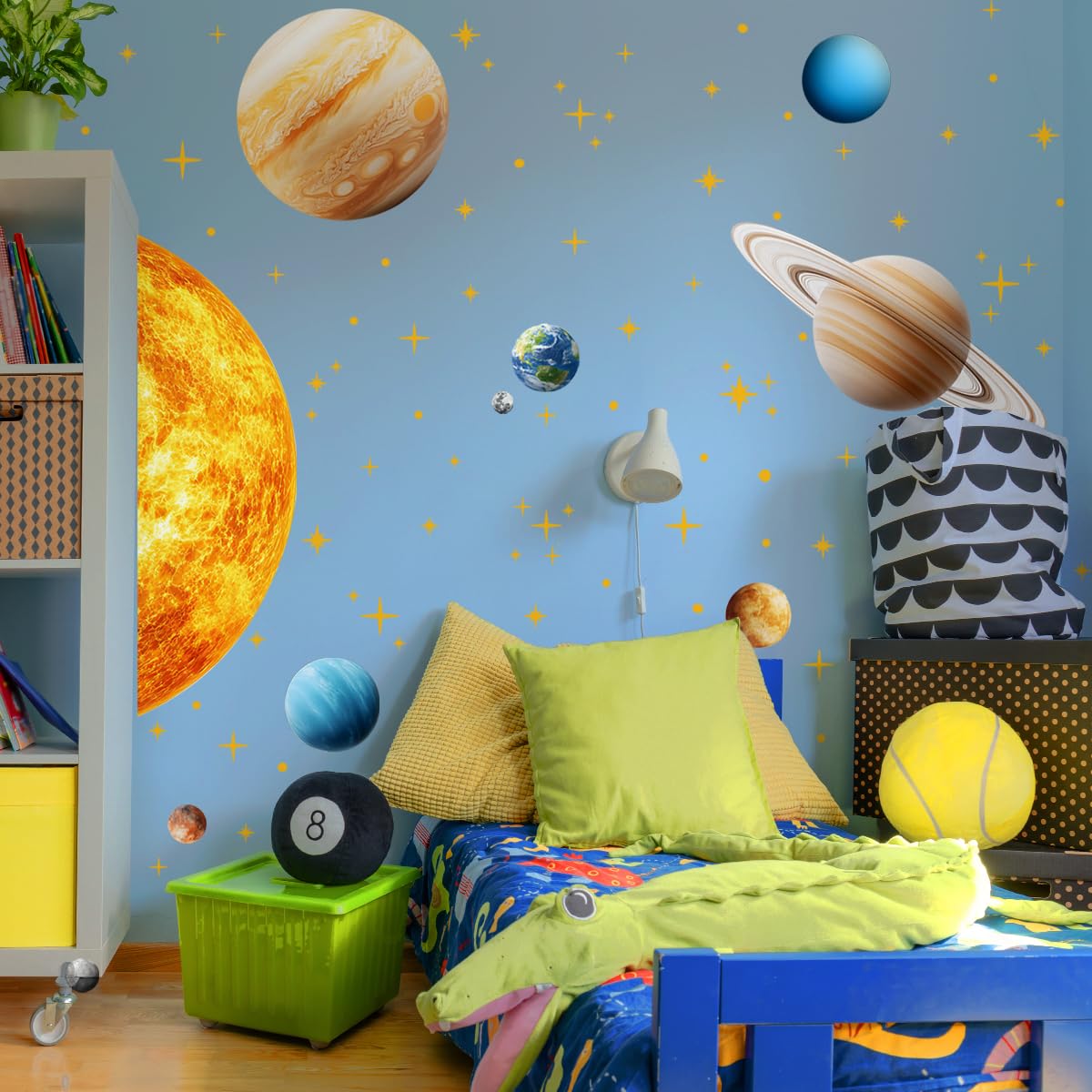 Calcomanías de pared grandes para espacio exterior, sistema solar, planetas de espacio exterior, calcomanías de arte con temática espacial, para habitación de niños pequeños, decoración de astronomía