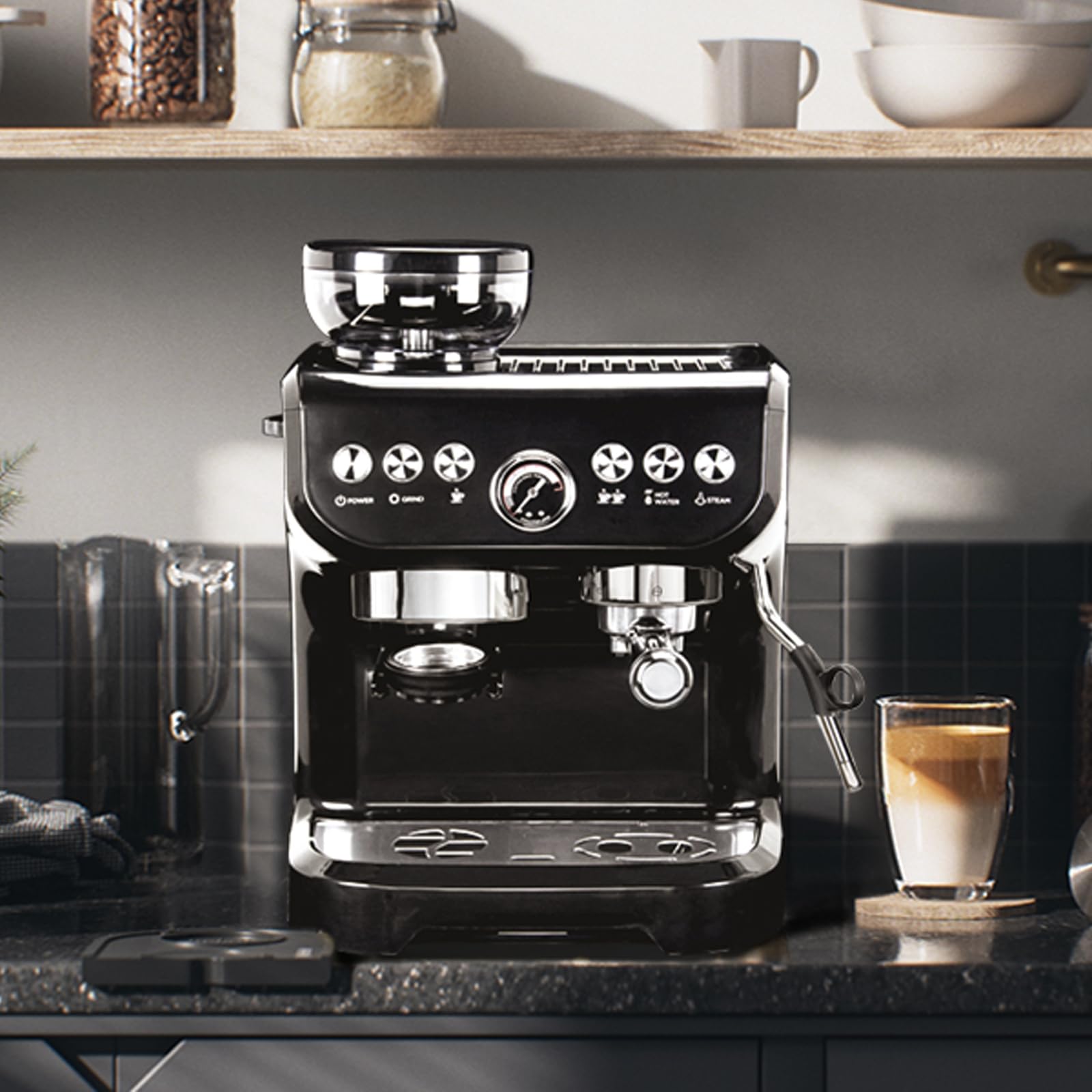 Máquina de Café Espresso MIROX Negra con Molinillo y Espumador Integrados