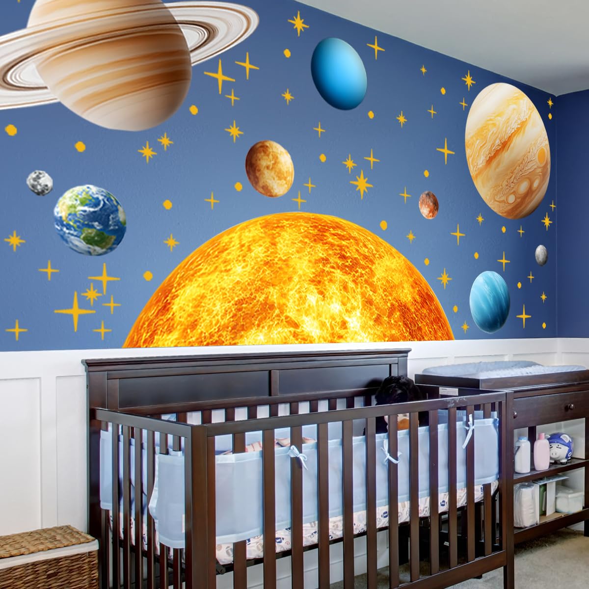 Calcomanías de pared grandes para espacio exterior, sistema solar, planetas de espacio exterior, calcomanías de arte con temática espacial, para habitación de niños pequeños, decoración de astronomía
