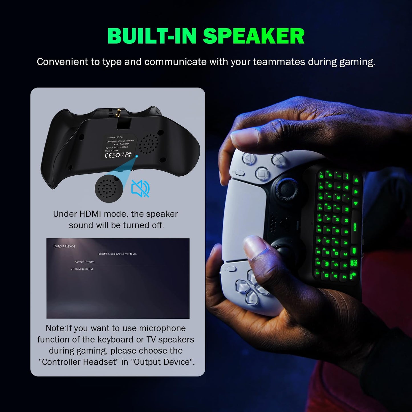 Teclado Retroiluminado Verde MoKo Negro para Controlador PS5 con Altavoz Incorporado y Conector de Audio 3.5mm