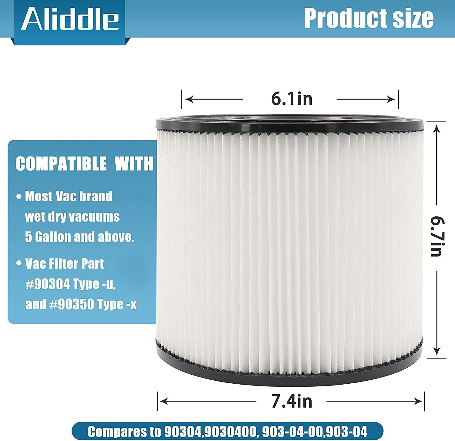 Filtro de repuesto 90304, 90107 filtro seco, funda de espuma 90585 apto para aspiradoras en húmedo/seco shopvac 90304, 90350, 90333, 903-04-00, 9030400, 5 galones hasta aspiradoras en húmedo/seco