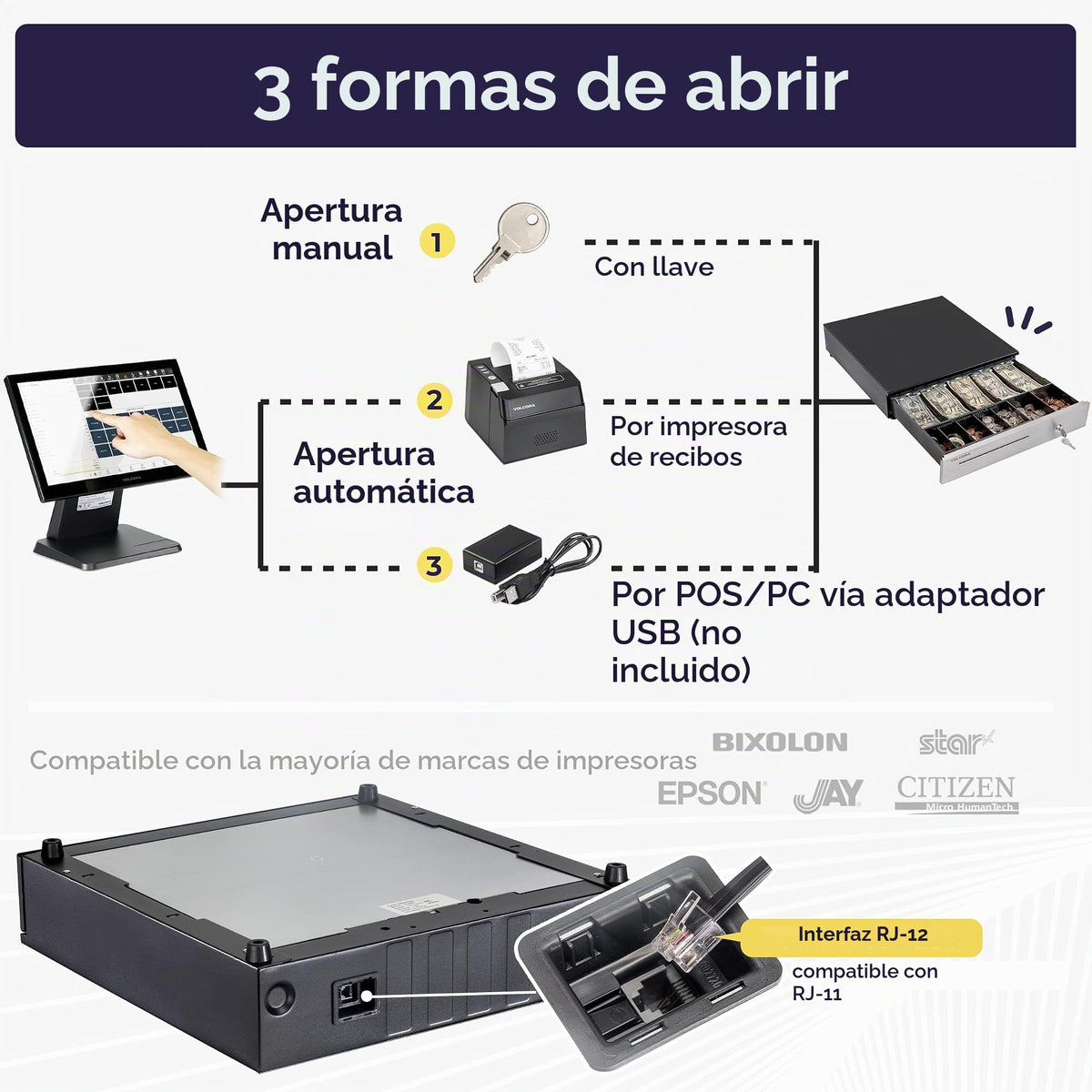 Cajón Registradora Volcora Acero Inoxidable 16 Pulgadas con Bandeja Extraíble y Cerradura de Llave RJ11/RJ12 para Sistema POS