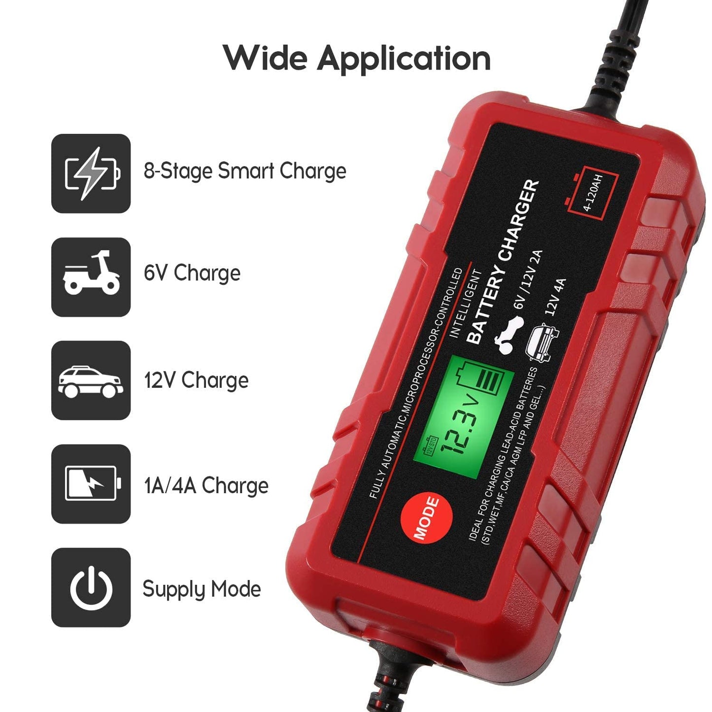 Sailnovo - Cargador de batería inteligente para coche, 6 V, 12 V, cargador de automóvil, totalmente automático, 8 etapas, batería de automóvil, 4 A, cargador de batería inteligente portátil de 6 V, 12
