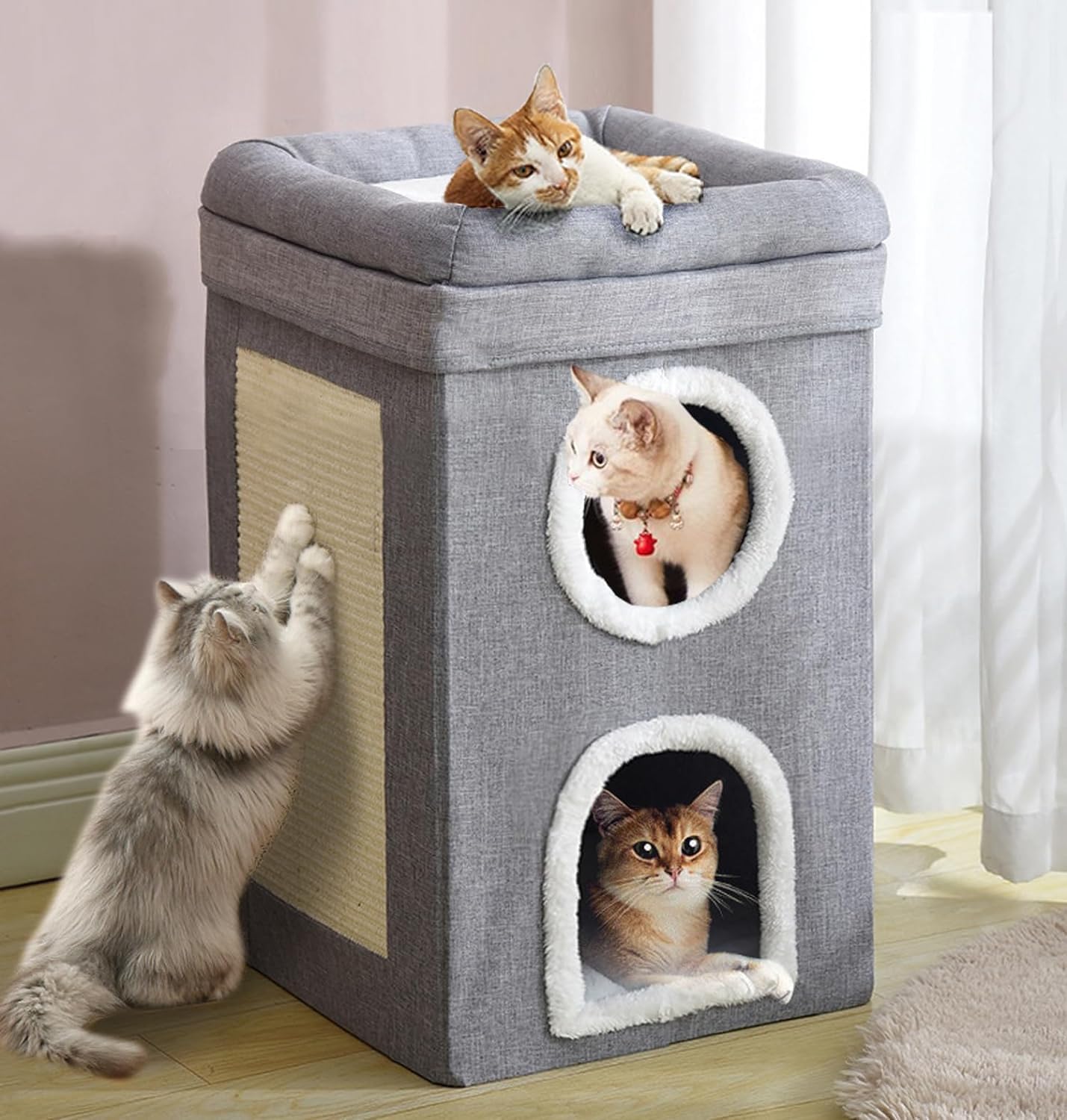 SDRO Cama para Gatos, 3 Niveles Nido para Gatos Plegable Nido para Gatos de Interior Viene con 2 Cojines Extraíbles y Rascador Agujeros para Gatitos, Gatos Grandes, Apartamentos para Mascotas(A)