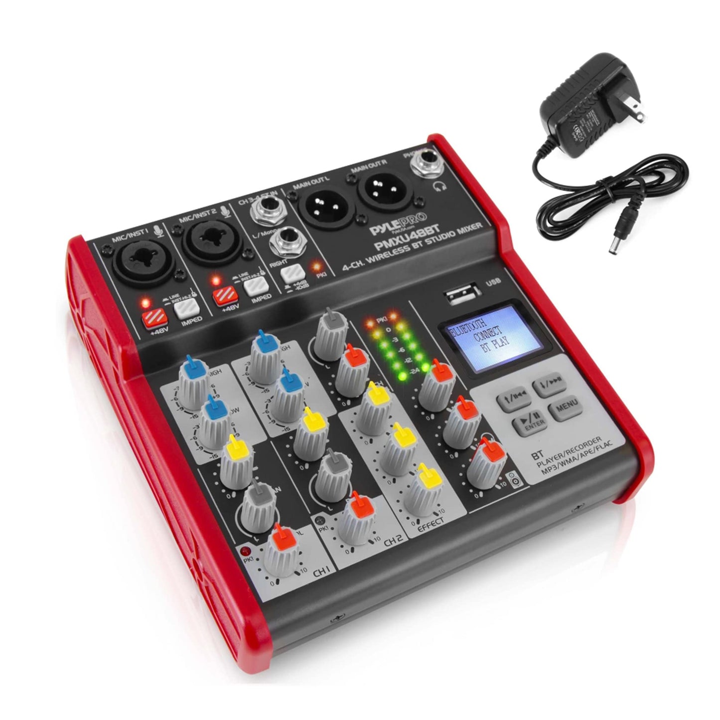 Consola de DJ Digital Pyle Rojo Compatible con Bluetooth y Mezclador USB 4 Canales