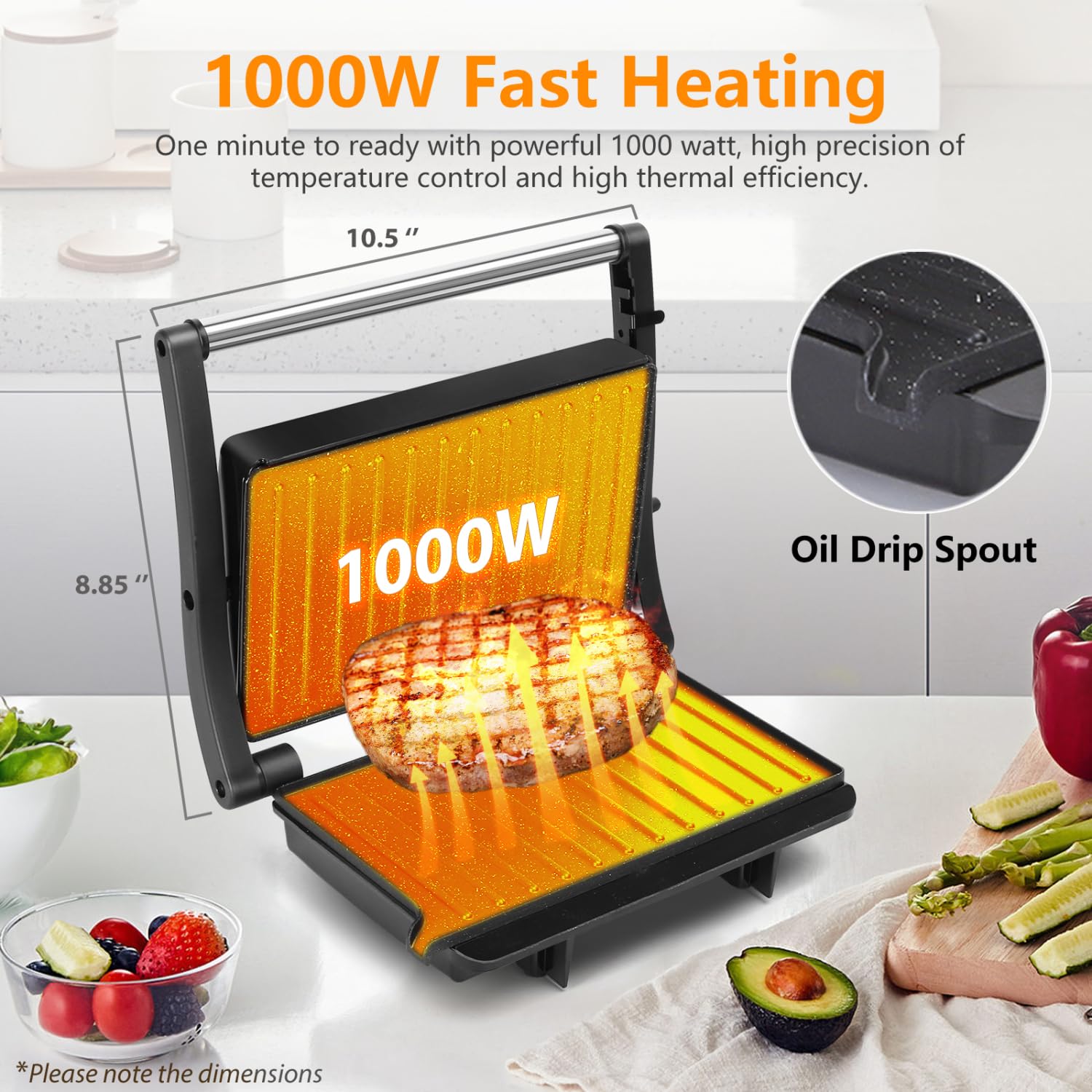 Parrilla Eléctrica Aigostar 1000 W Cerámica Abre 180 Grados 3 en 1