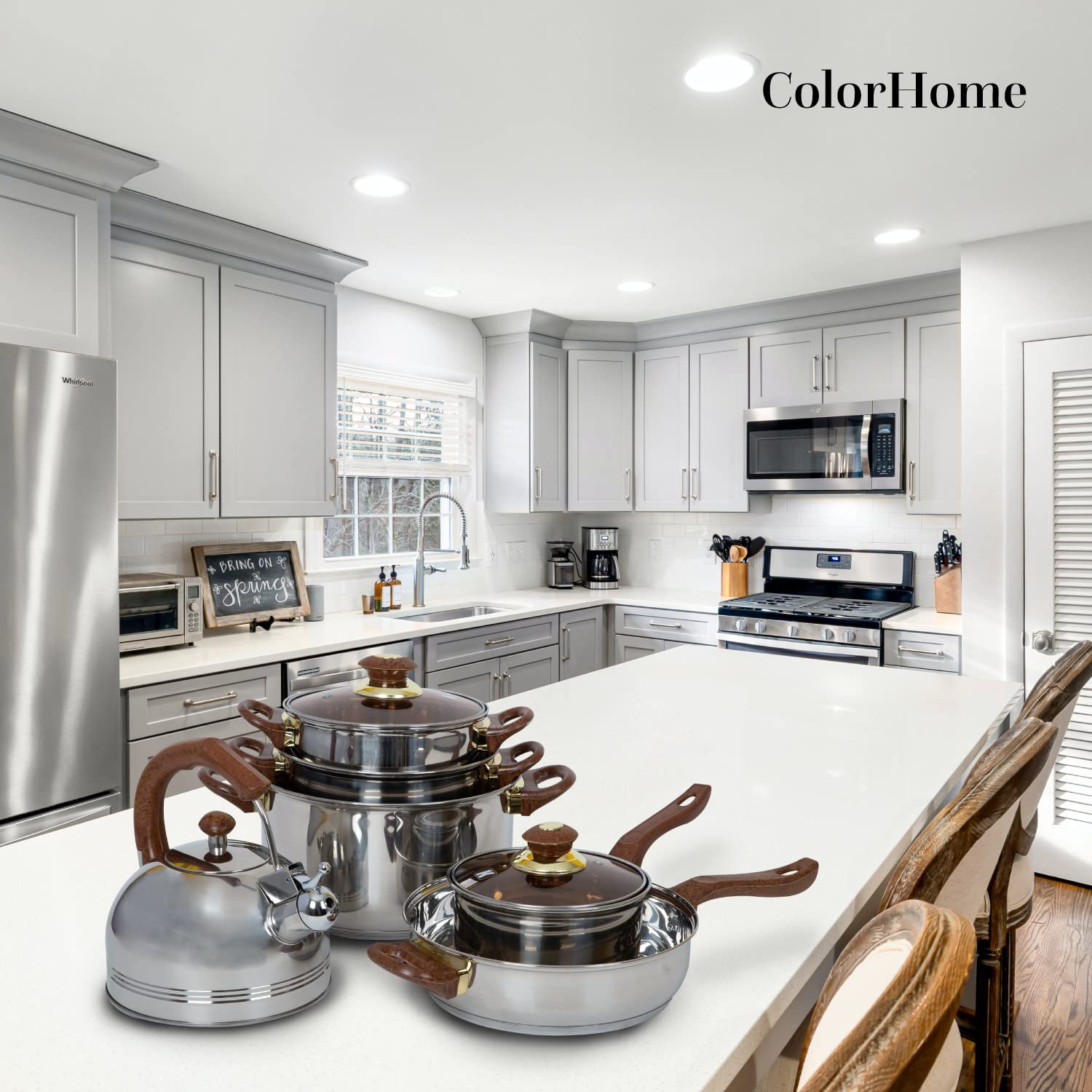 COLORHOME DESIGN | Batería de Cocina Acero Inoxidable - 11 Piezas – Triple Capa Y Tapas de Vidrio Templado – Mango de Baquelita Marrón - Juego de Caserolas de Cocina, Sartén, Teterá