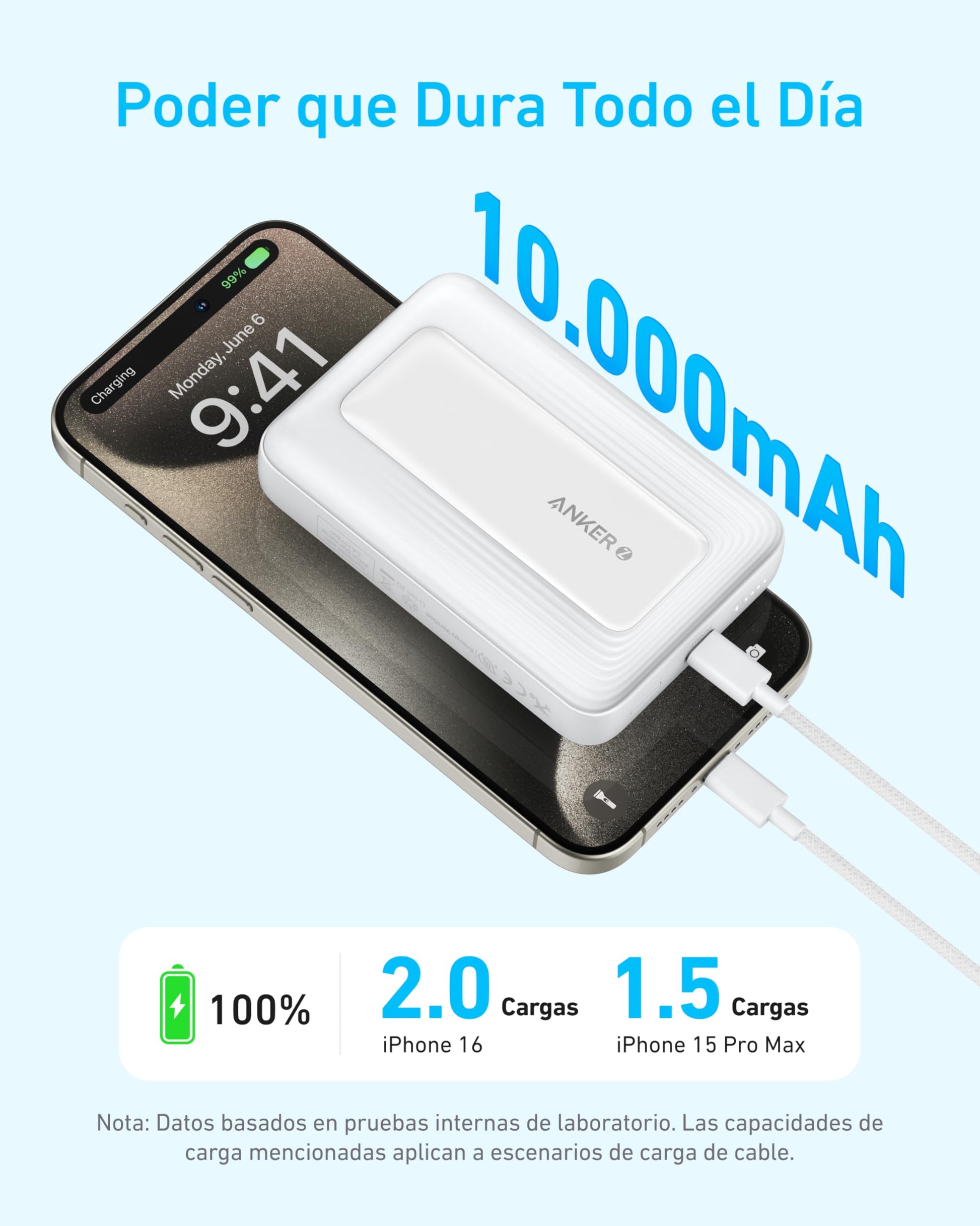Anker Power Bank Batería Portátil y Pila Portátil de 10,000 mAh, Inalámbrico con Carga Rápida de 30W PD y USB-C Magnético, Compatible con iPhone 16/15/14, AirPods y más