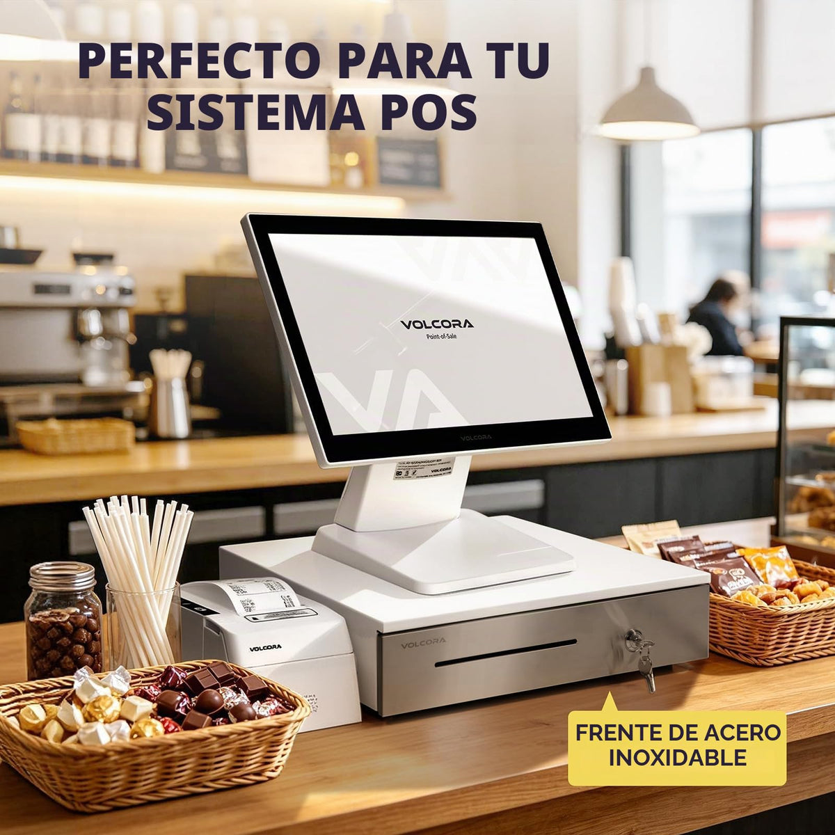 Cajón Registradora Volcora Blanco con Panel Táctil y Bandeja Extraíble, 5 Billetes, 8 Monedas