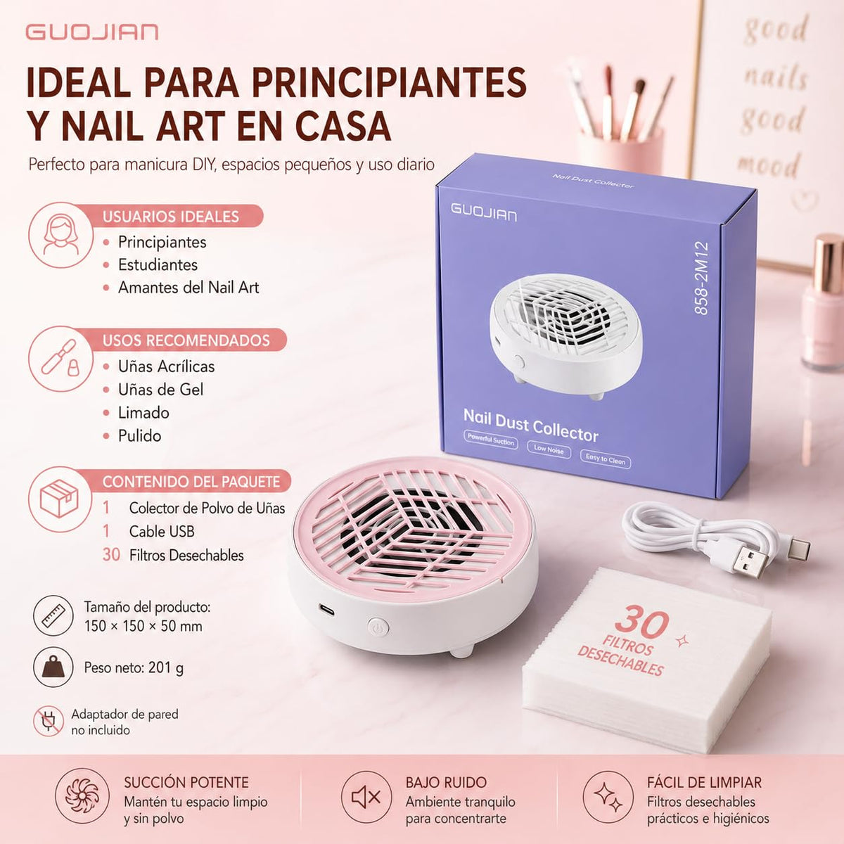 Colector de Polvo de Uñas GUOJIAN Blanco con Aspiradora Profesional y Filtros Desechables