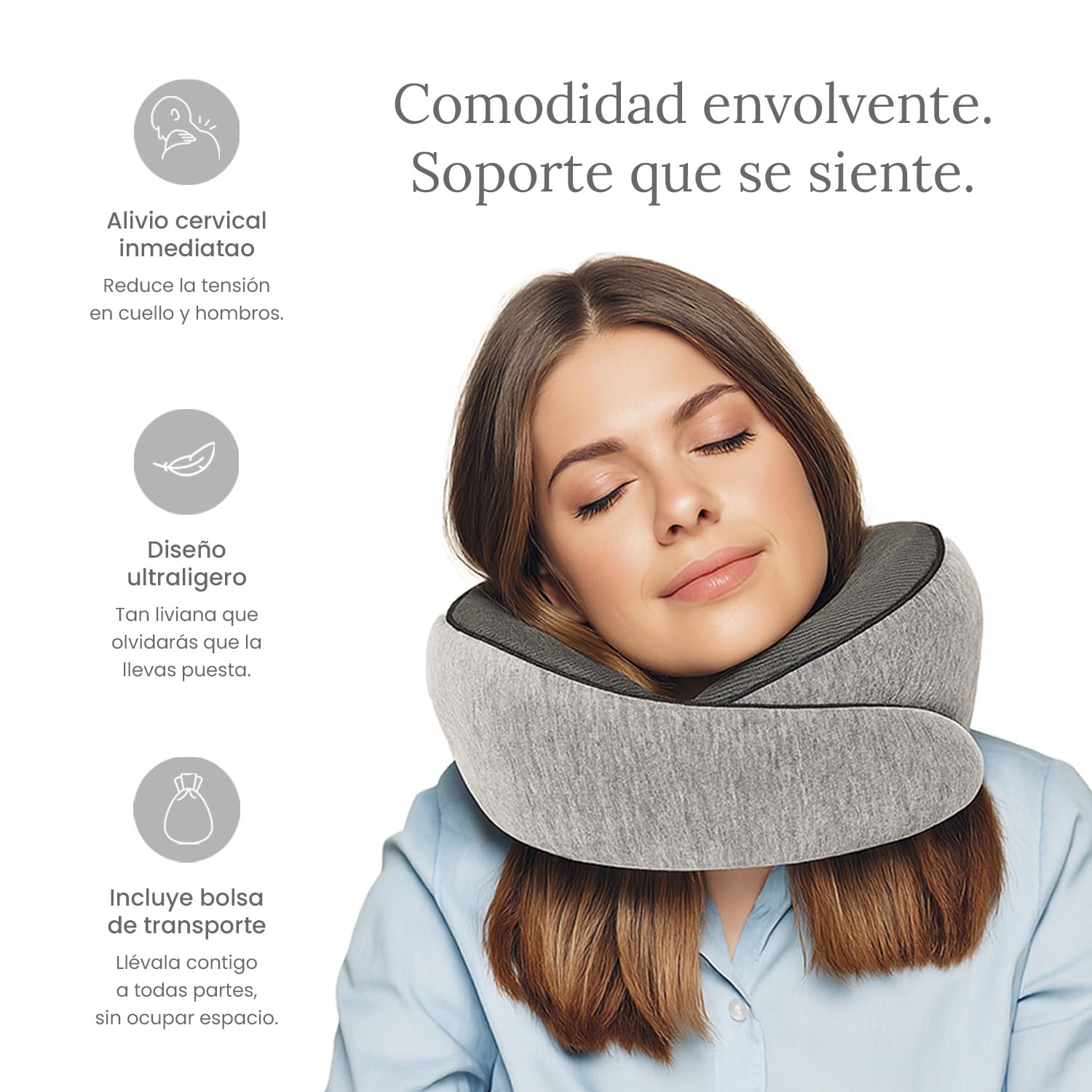 Almohada de Viaje Smart Bamboo Azul Ergonómica con Soporte Cervical en Forma de U