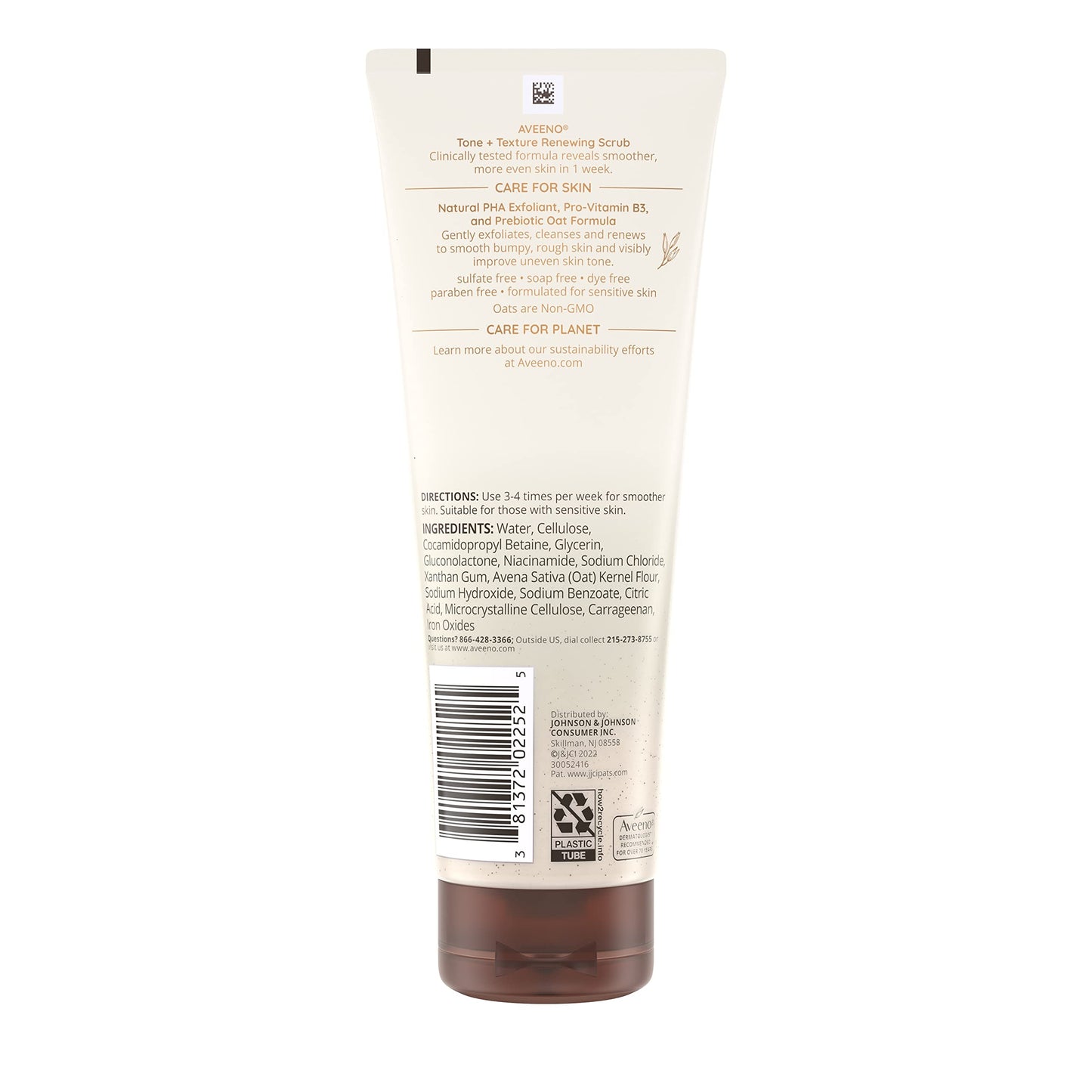 Aveeno Tone + Texture Renewing Body Scrub, Exfoliating Body Wash to Reveal Smoother Skin and a More Even Skin Tone, Prebiotic Oat Formula for Sensitive Skin, Fragrance-Free, 8 oz