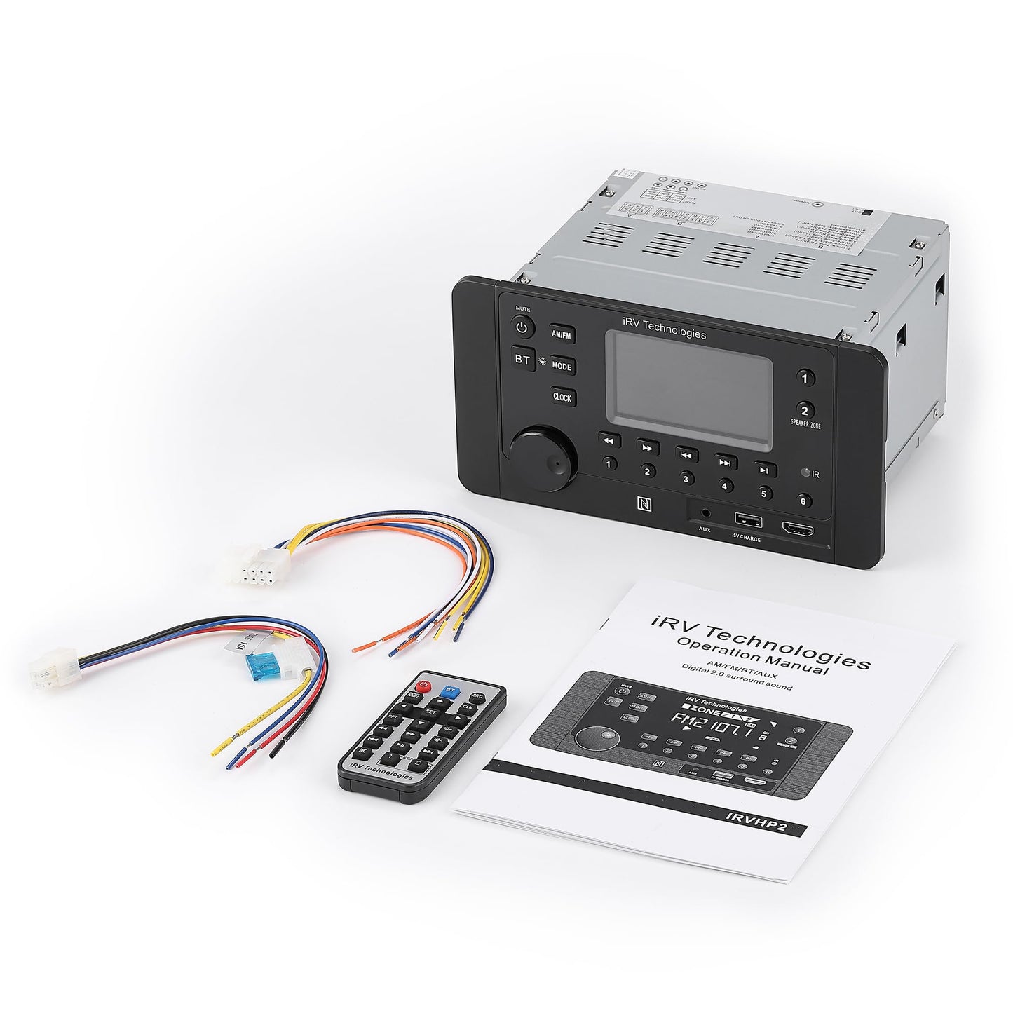 IRV Technology Mechless Wallmount RV estéreo 2 Zonas con Bluetooth HDMI ARC, Control de aplicación, Am/FM/App, NFC, Carga USB, Sonido Envolvente Digital, Reloj, Soporte CEC (2 Zonas + 4 Altavoces)
